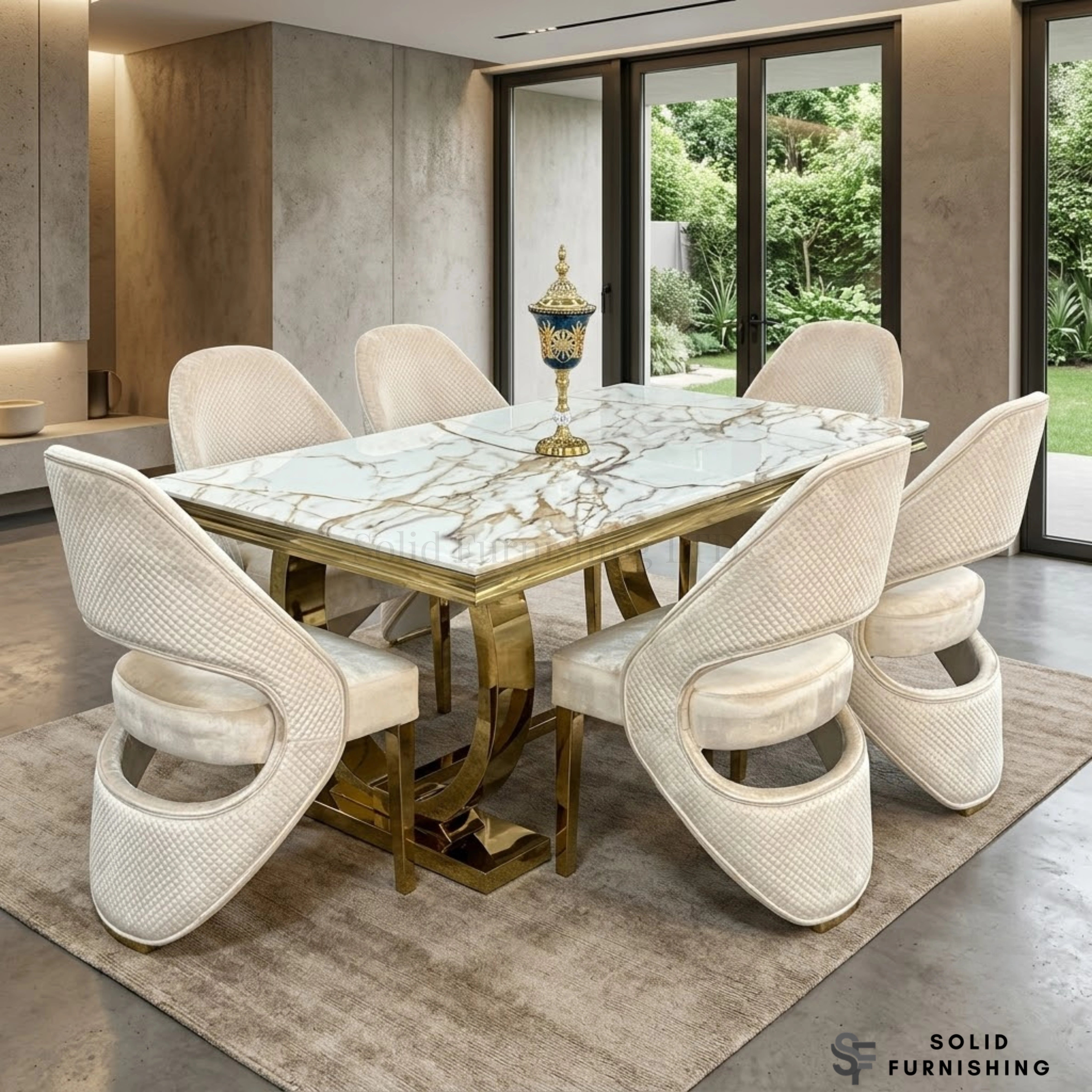 Arianna White & Gold Marble Dining Table with Cream Gold Santorini Chairs – Luxury Dining Set UK