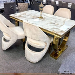 Arianna White & Gold Marble Dining Table with Cream Gold Santorini Chairs – Luxury Dining Set UK