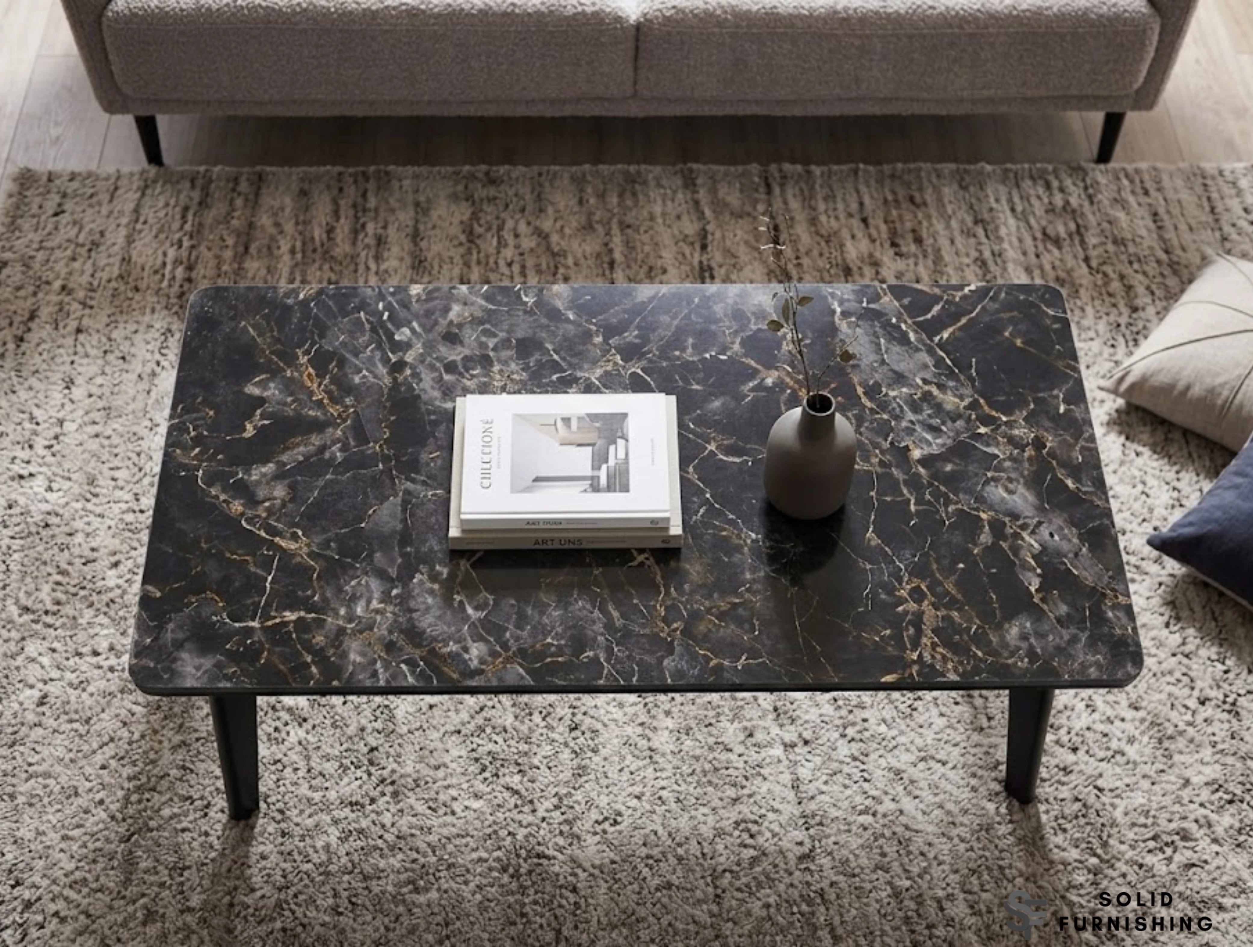 Arizona Black Ceramic Coffee Table – Dark Marble Look Metal Frame Centre Table