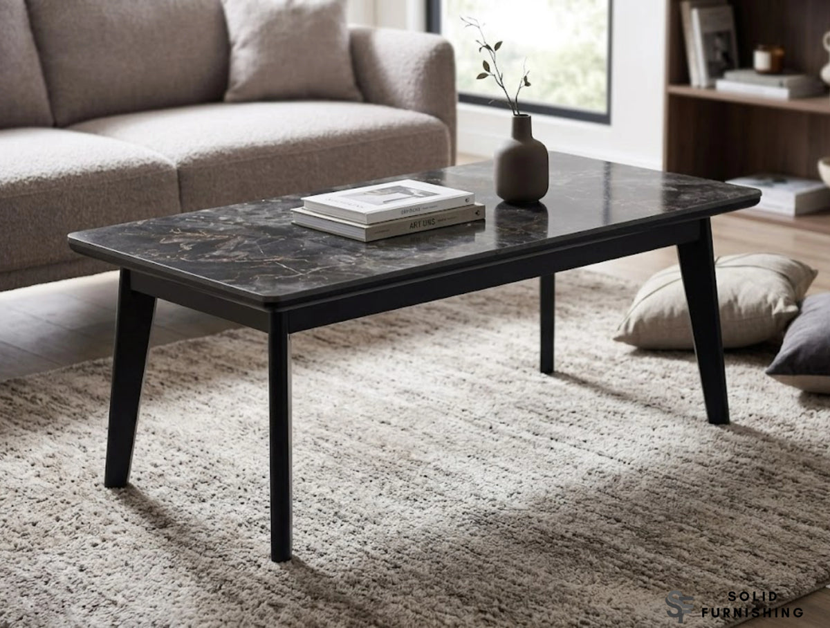 Arizona Black Ceramic Coffee Table – Dark Marble Look Metal Frame Centre Table