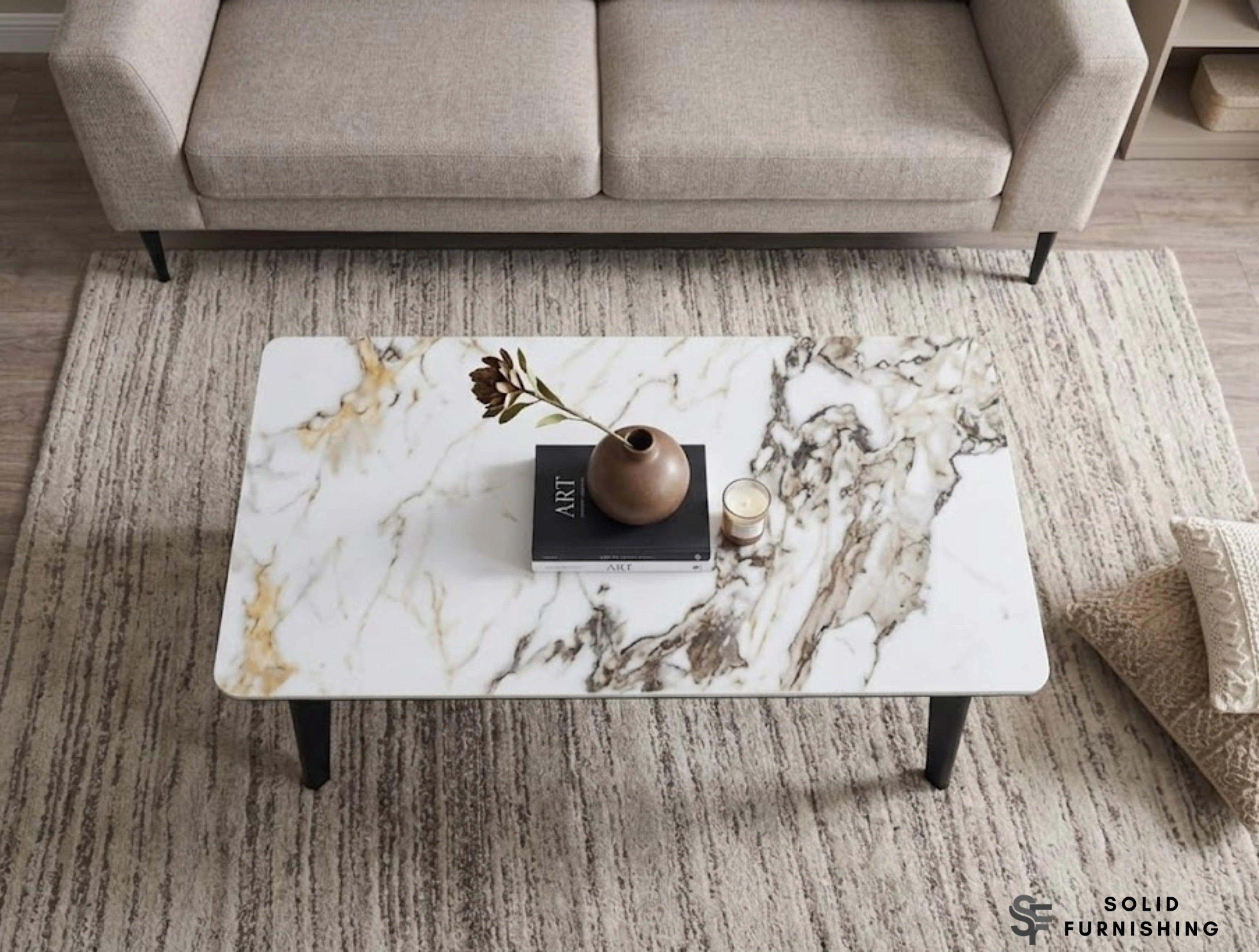 Arizona Cream Ceramic Coffee Table – Slim Marble Look Living Room Table