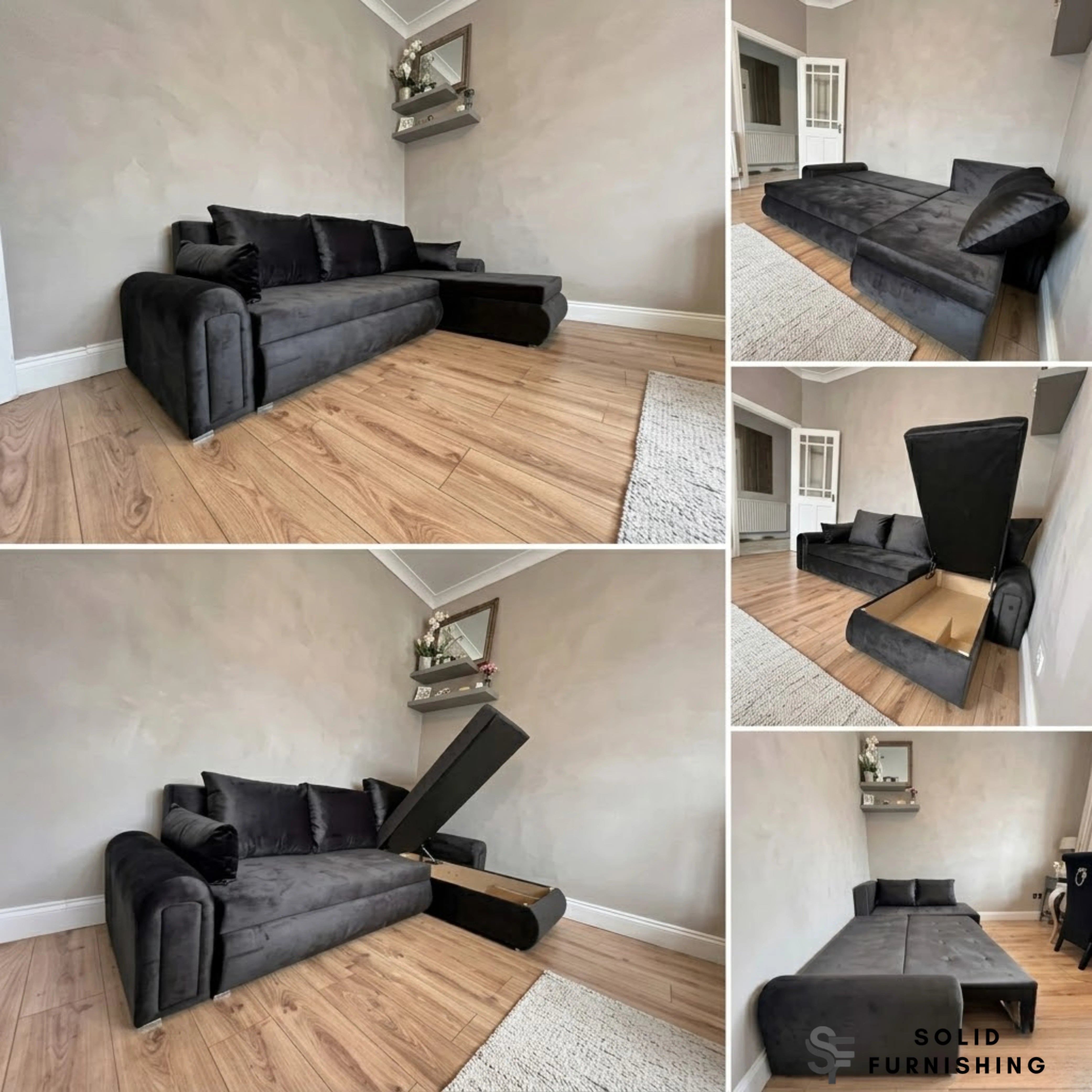 Berlin Black Storage Sofa Bed – Compact Reversible L Shape Sofa