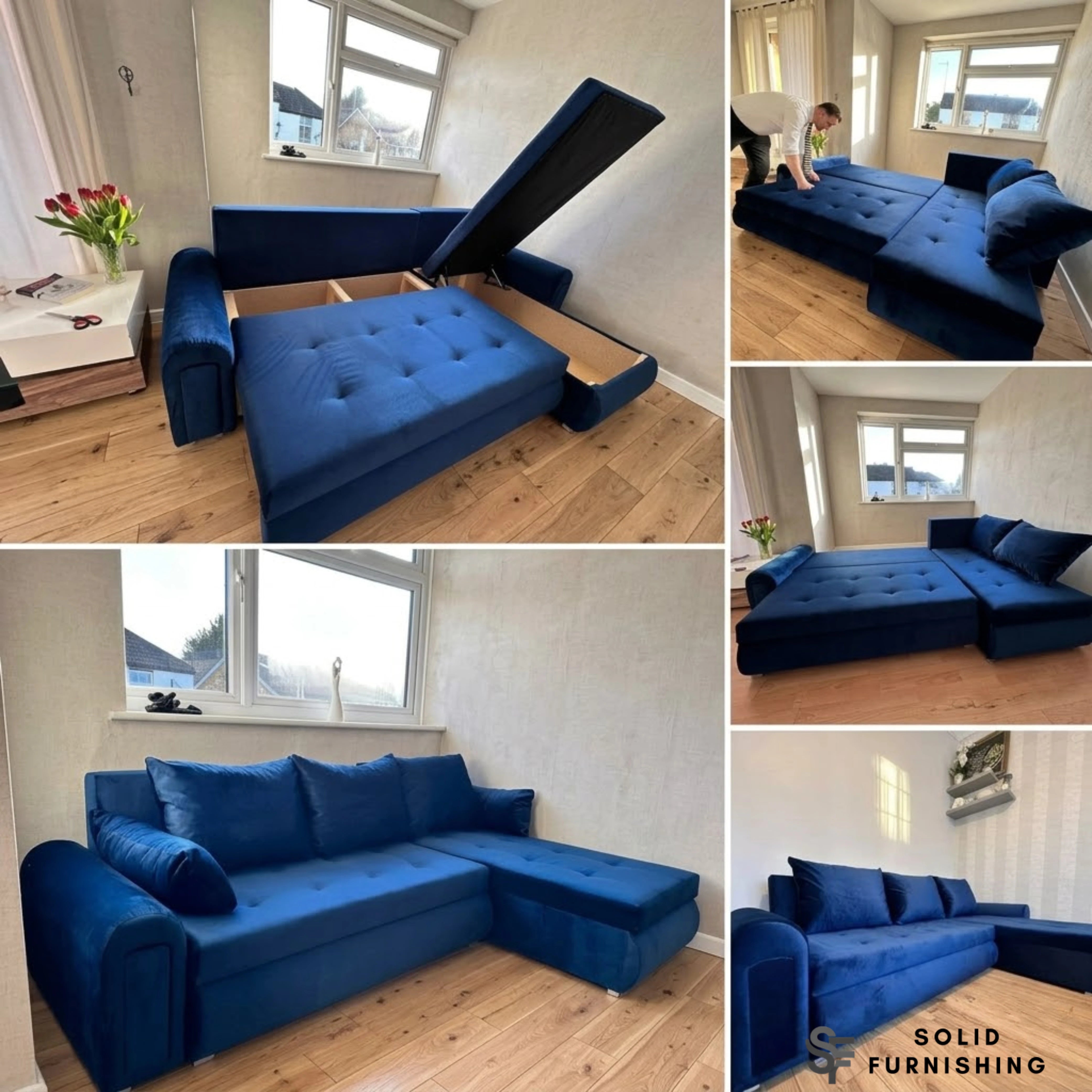 Berlin Blue Storage Sleeper Sofa – Reversible L Shape Sofa Bed