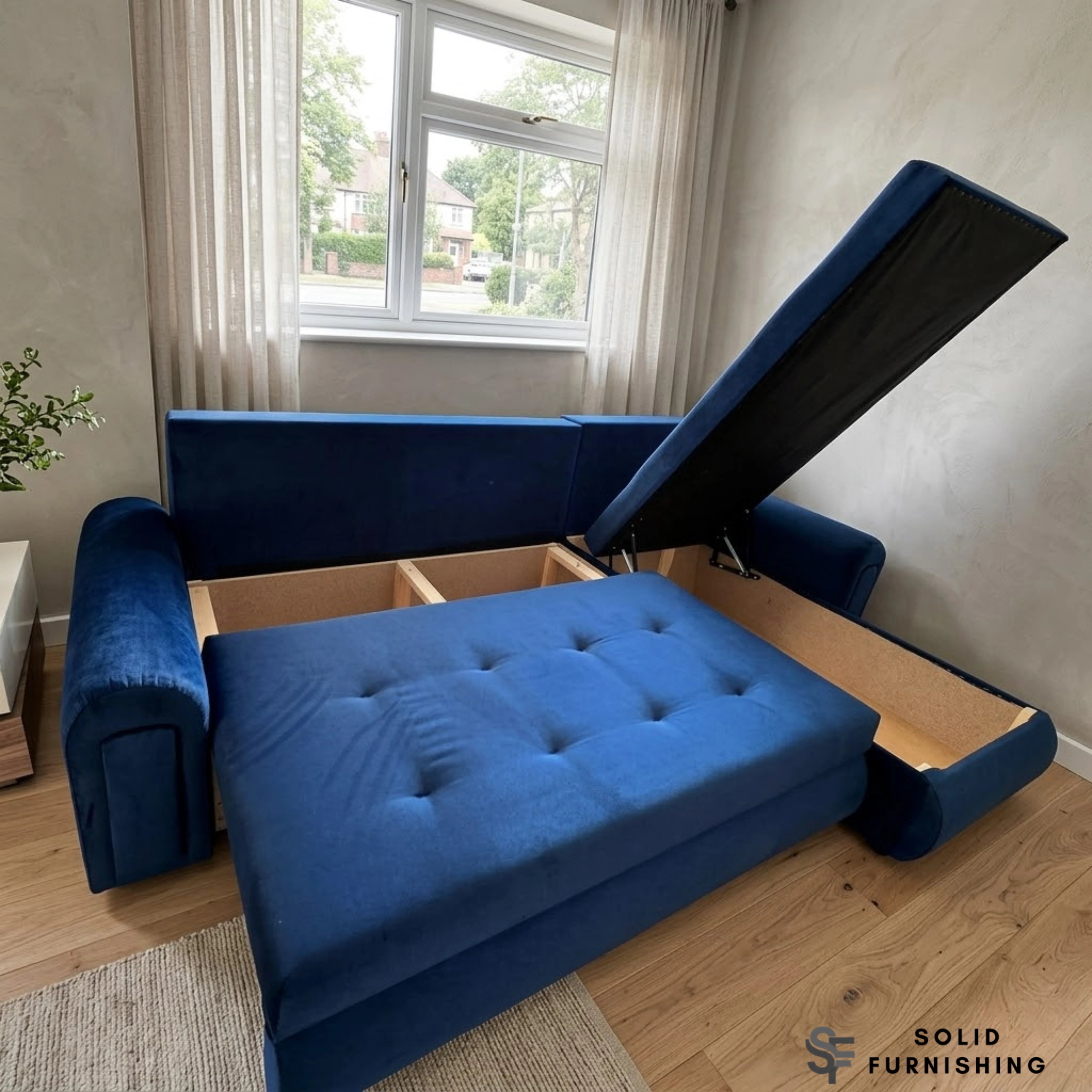 Berlin Blue Storage Sleeper Sofa – Reversible L Shape Sofa Bed