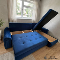 Berlin Blue Storage Sleeper Sofa – Reversible L Shape Sofa Bed