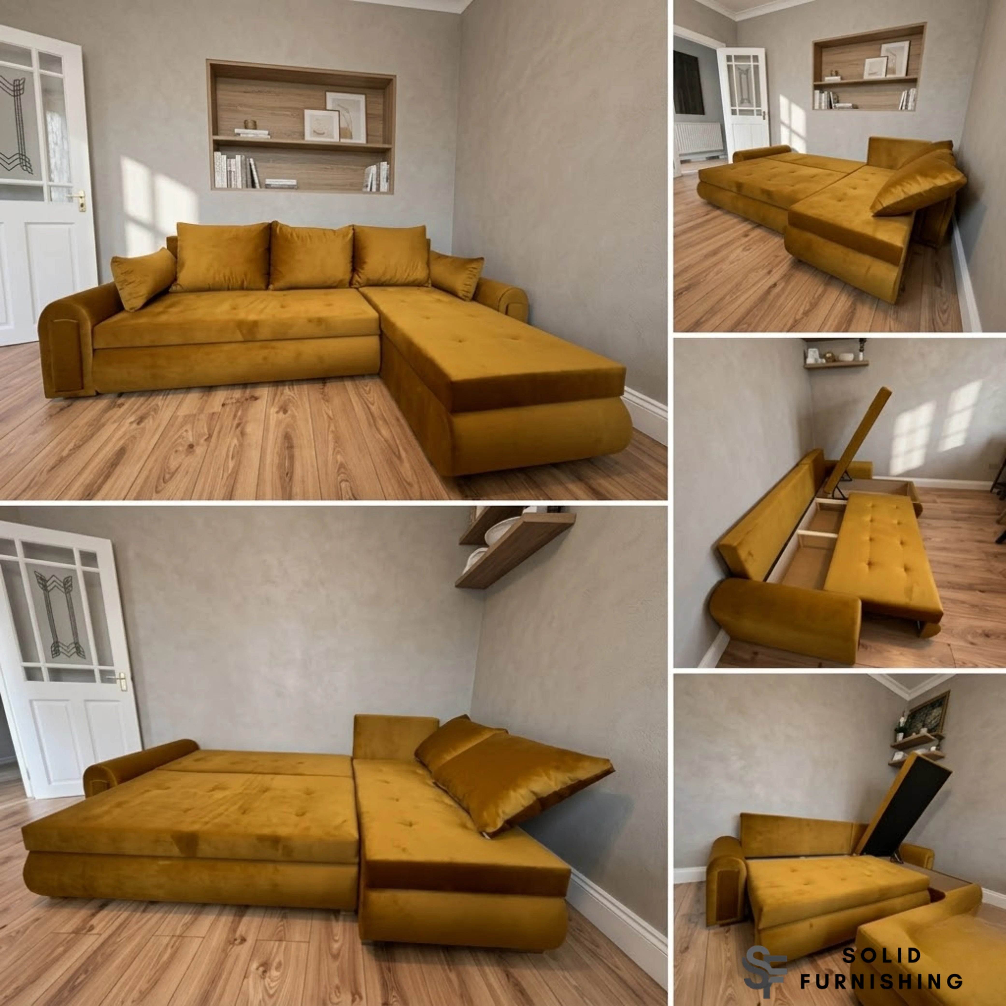 Berlin Mustard Corner Sofa Bed with Storage – Universal L Shape Sofa Bed