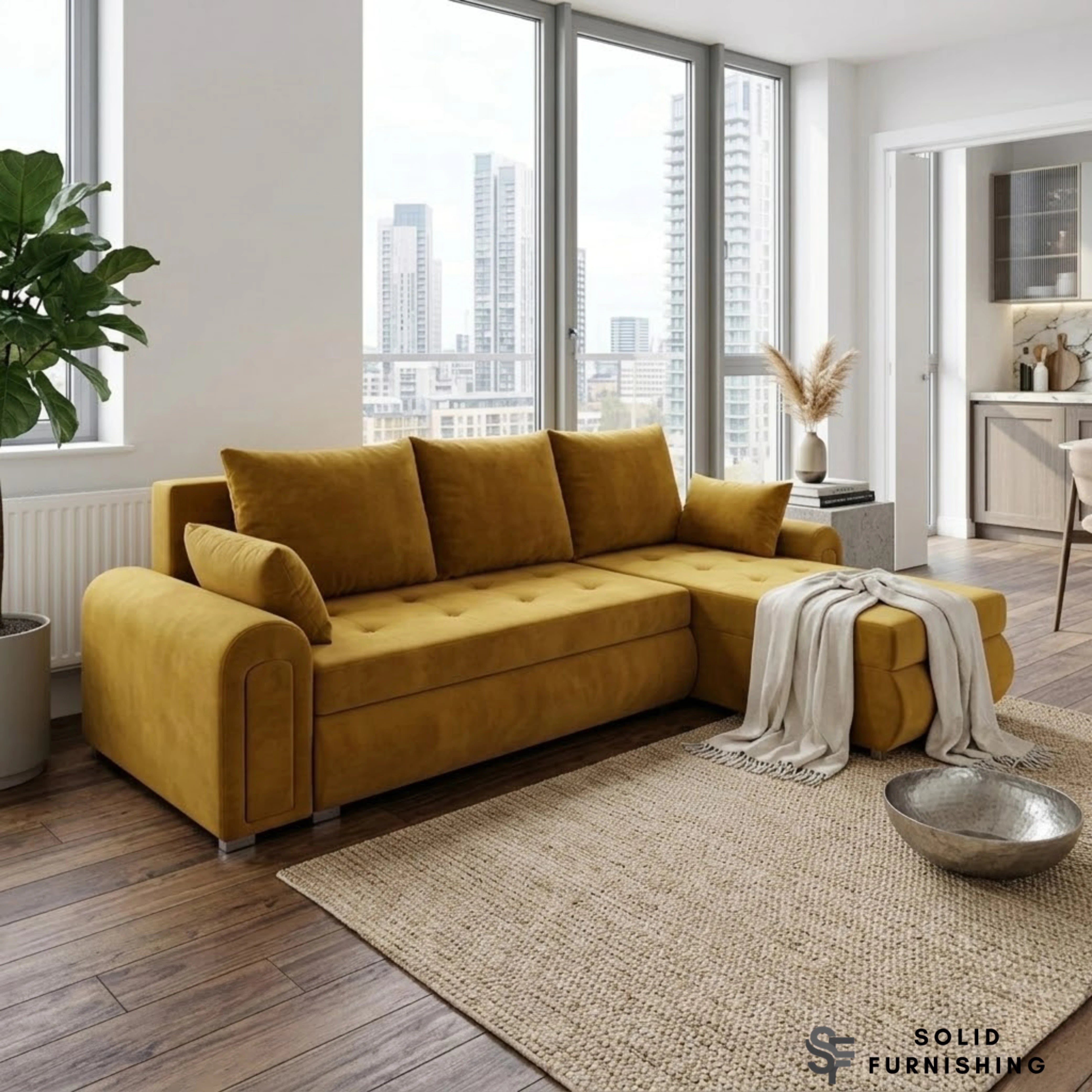 Berlin Mustard Corner Sofa Bed with Storage – Universal L Shape Sofa Bed