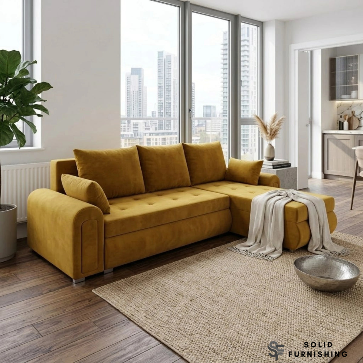 Berlin Mustard Corner Sofa Bed with Storage – Universal L Shape Sofa Bed