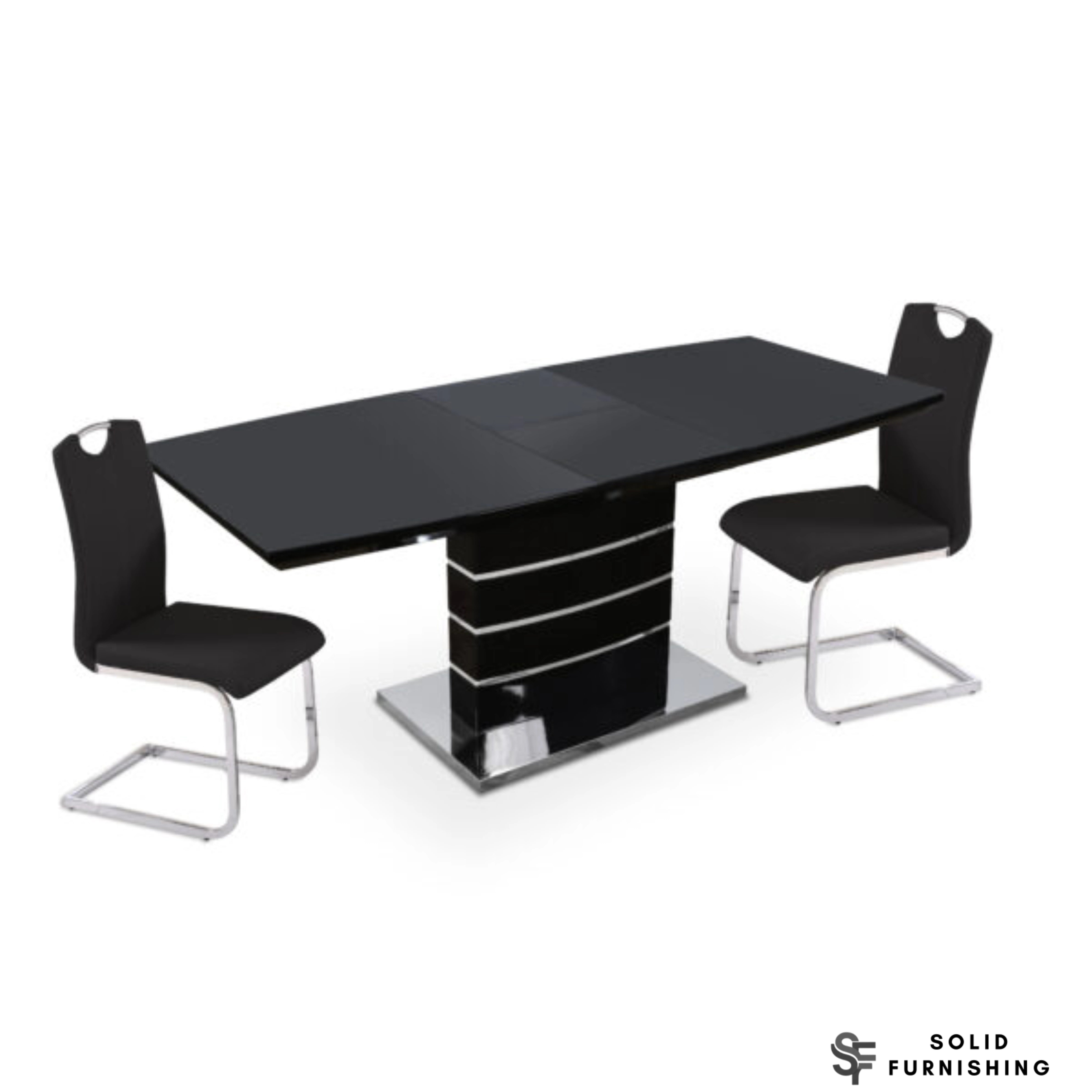 Black Milan Extendable High Gloss Dining Table with Milan Leather Chairs –  Modern Dining Set