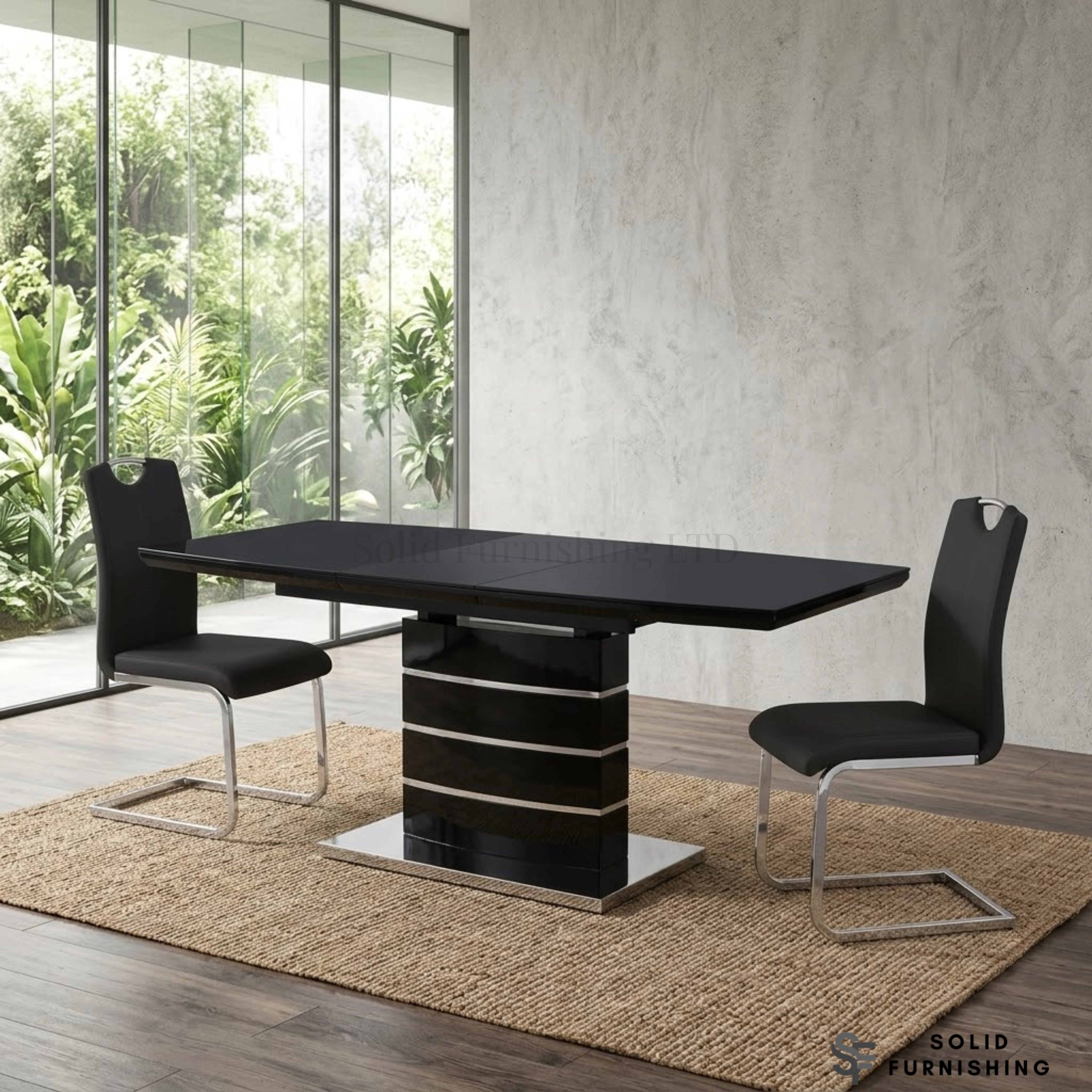 Black Milan Extendable High Gloss Dining Table with Milan Leather Chairs –  Modern Dining Set