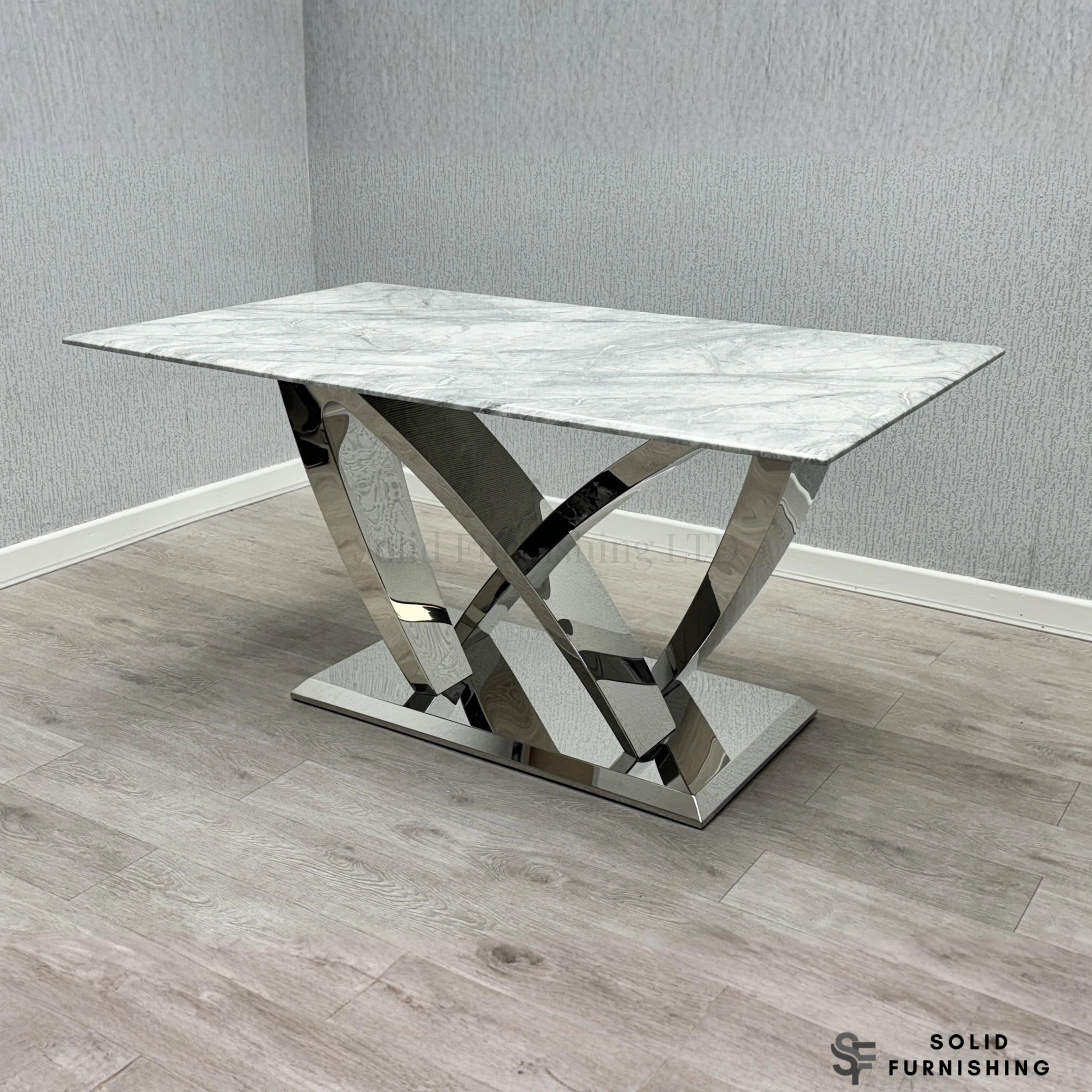 California Grey Marble Dining Table – Luxury Chrome Cross Base Dining Table