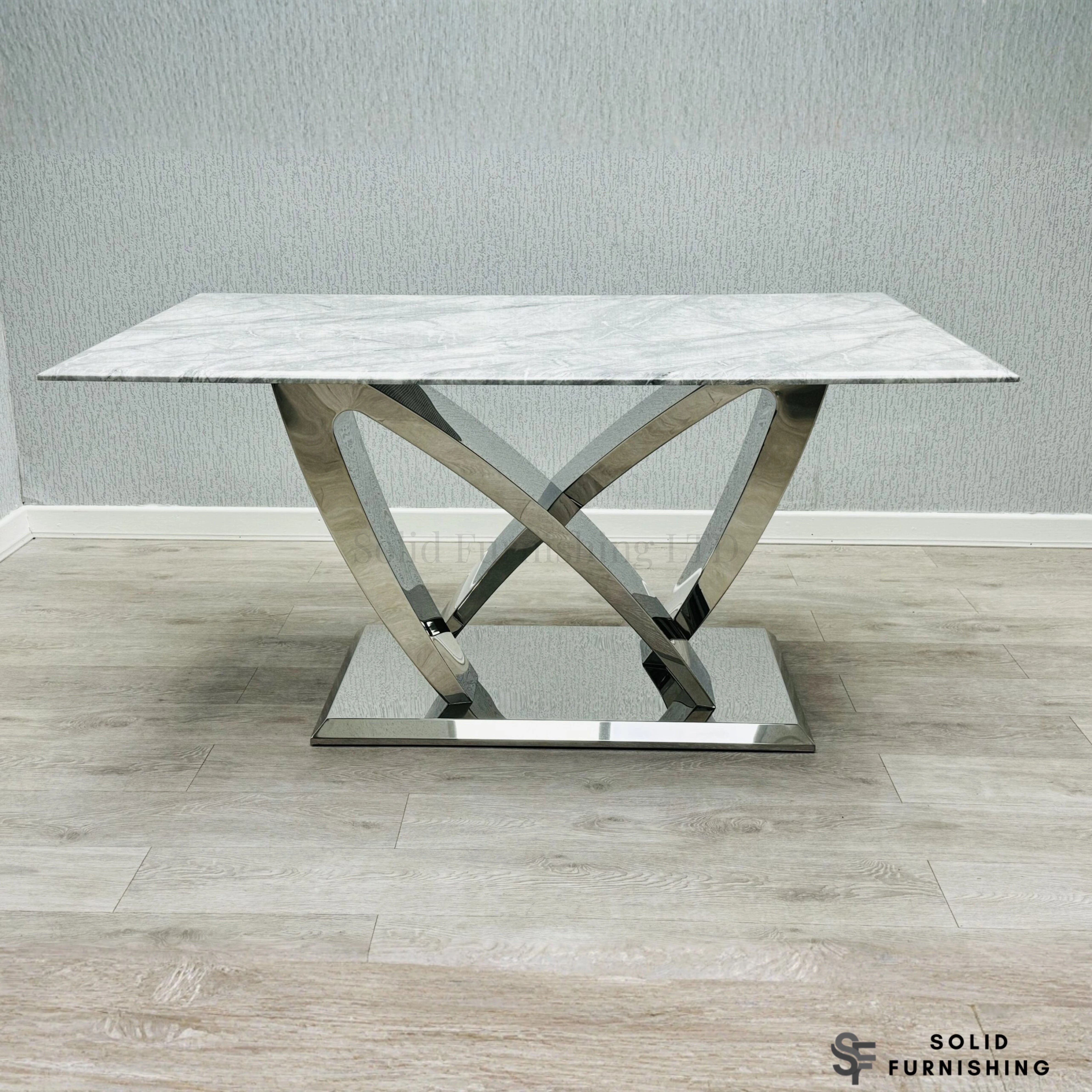California Grey Marble Dining Table – Luxury Chrome Cross Base Dining Table
