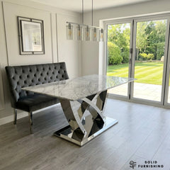 California Grey Marble Dining Table – Luxury Chrome Cross Base Dining Table