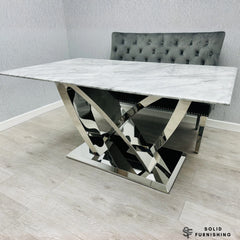 California Grey Marble Dining Table – Luxury Chrome Cross Base Dining Table