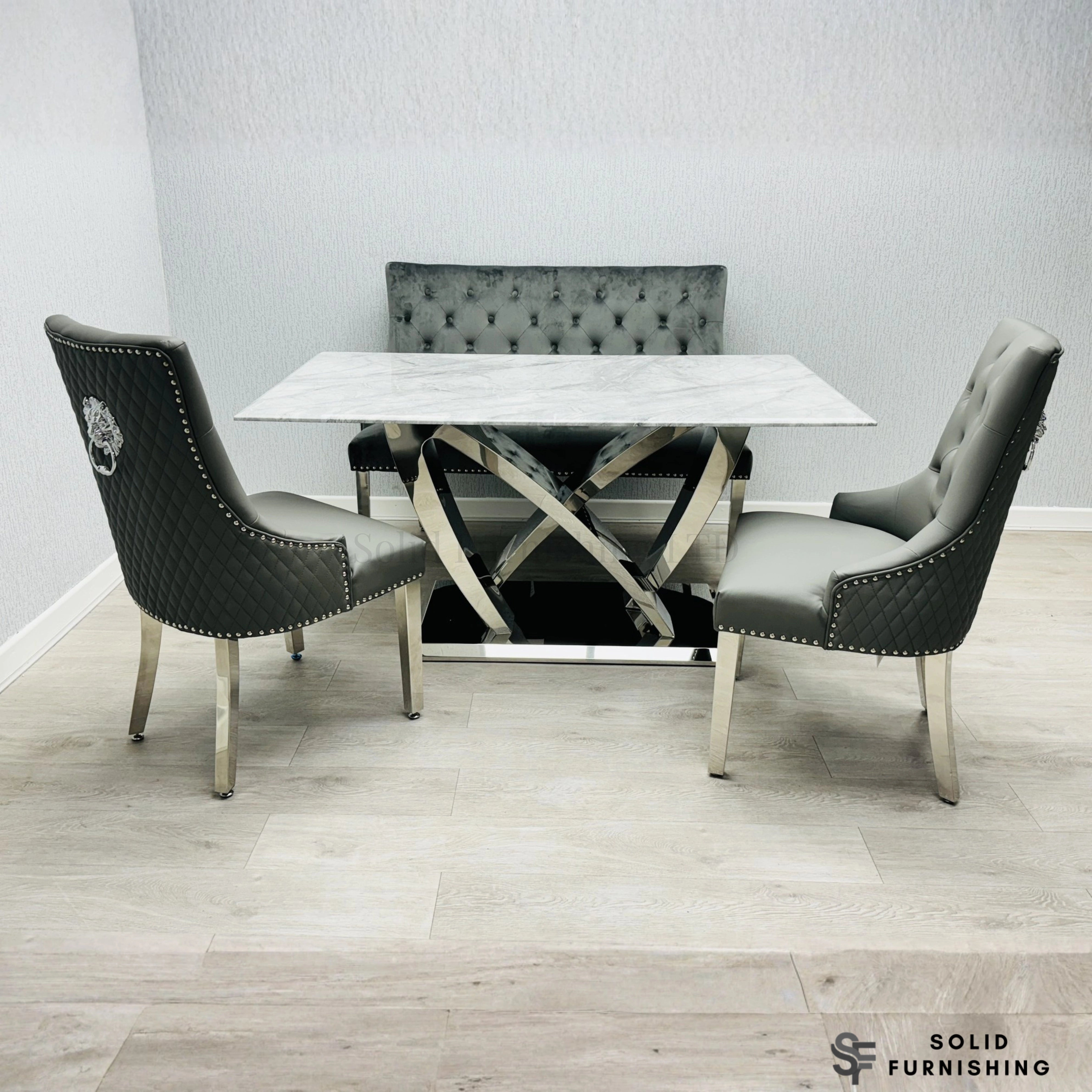 California Grey Marble Dining Table with Majestic Dark Grey Velvet Chairs – Chrome Base Dining Set