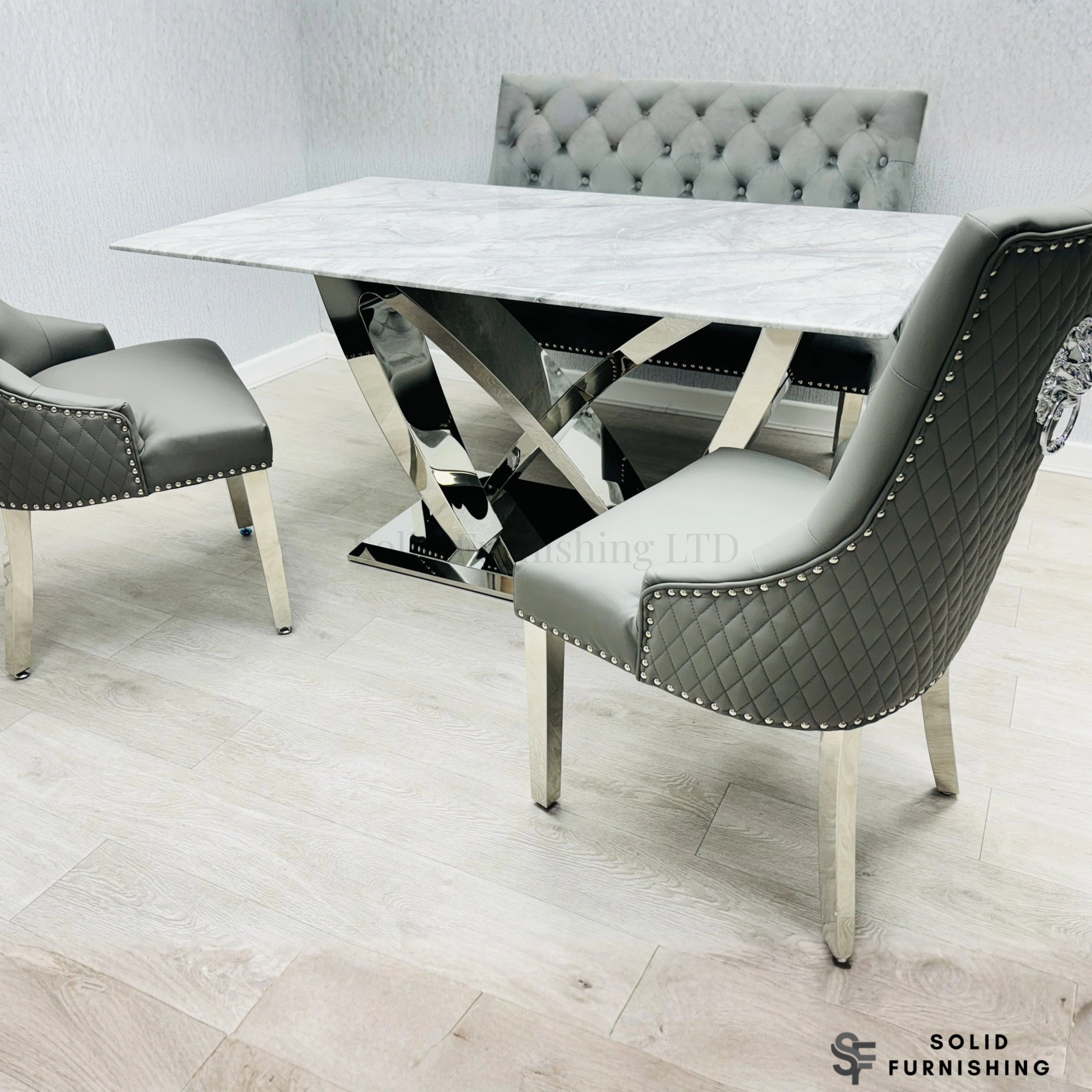 California Grey Marble Dining Table with Majestic Dark Grey Velvet Chairs – Chrome Base Dining Set