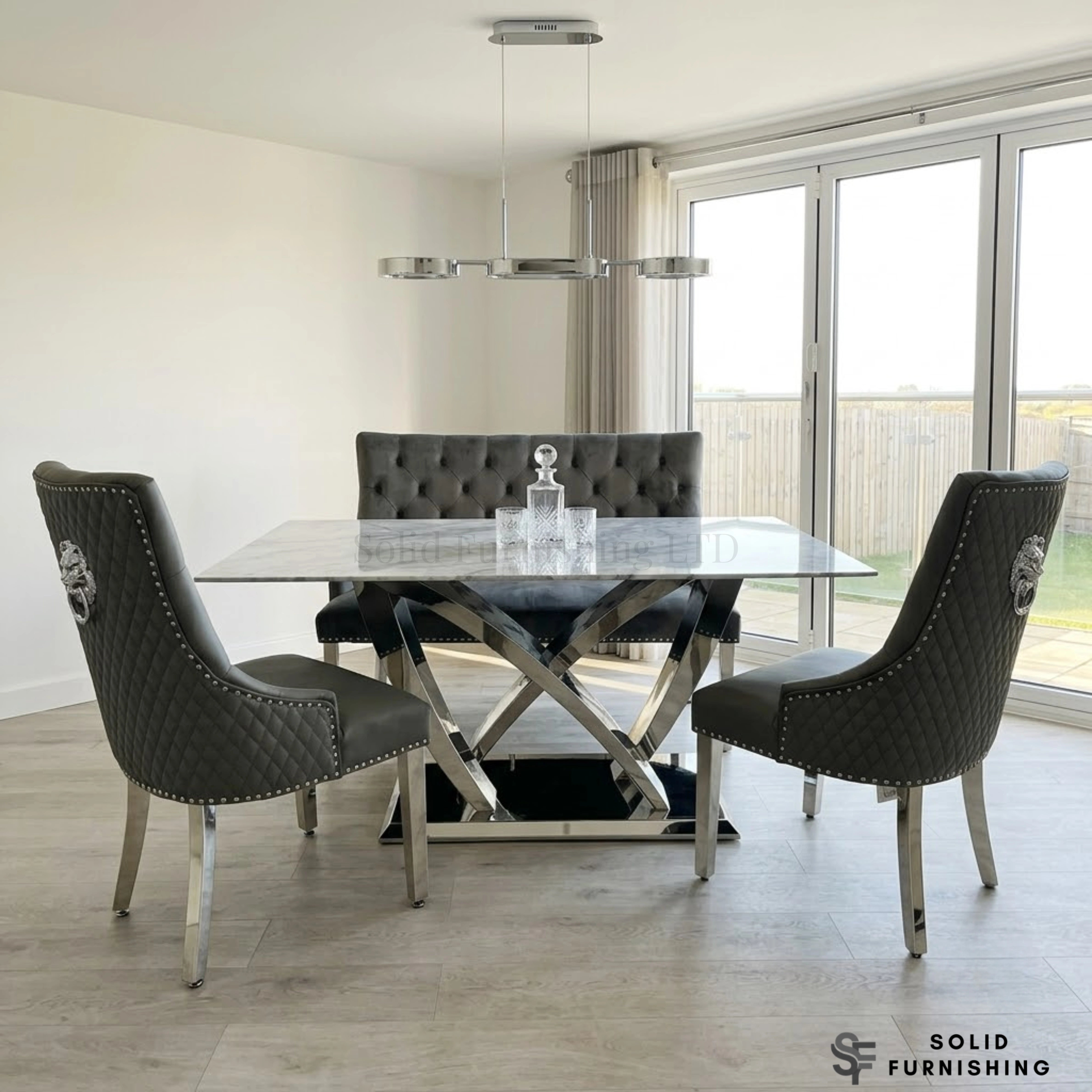 California Grey Marble Dining Table with Majestic Dark Grey Velvet Chairs – Chrome Base Dining Set