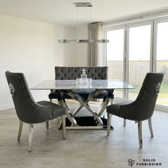 California Grey Marble Dining Table with Majestic Dark Grey Velvet Chairs – Chrome Base Dining Set