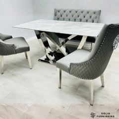 California Grey Marble Dining Table with Majestic Dark Grey Velvet Chairs – Chrome Base Dining Set