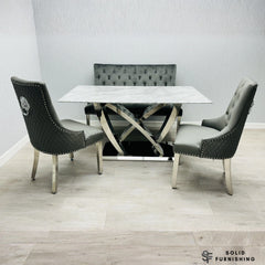 California Grey Marble Dining Table with Majestic Dark Grey Velvet Chairs – Chrome Base Dining Set