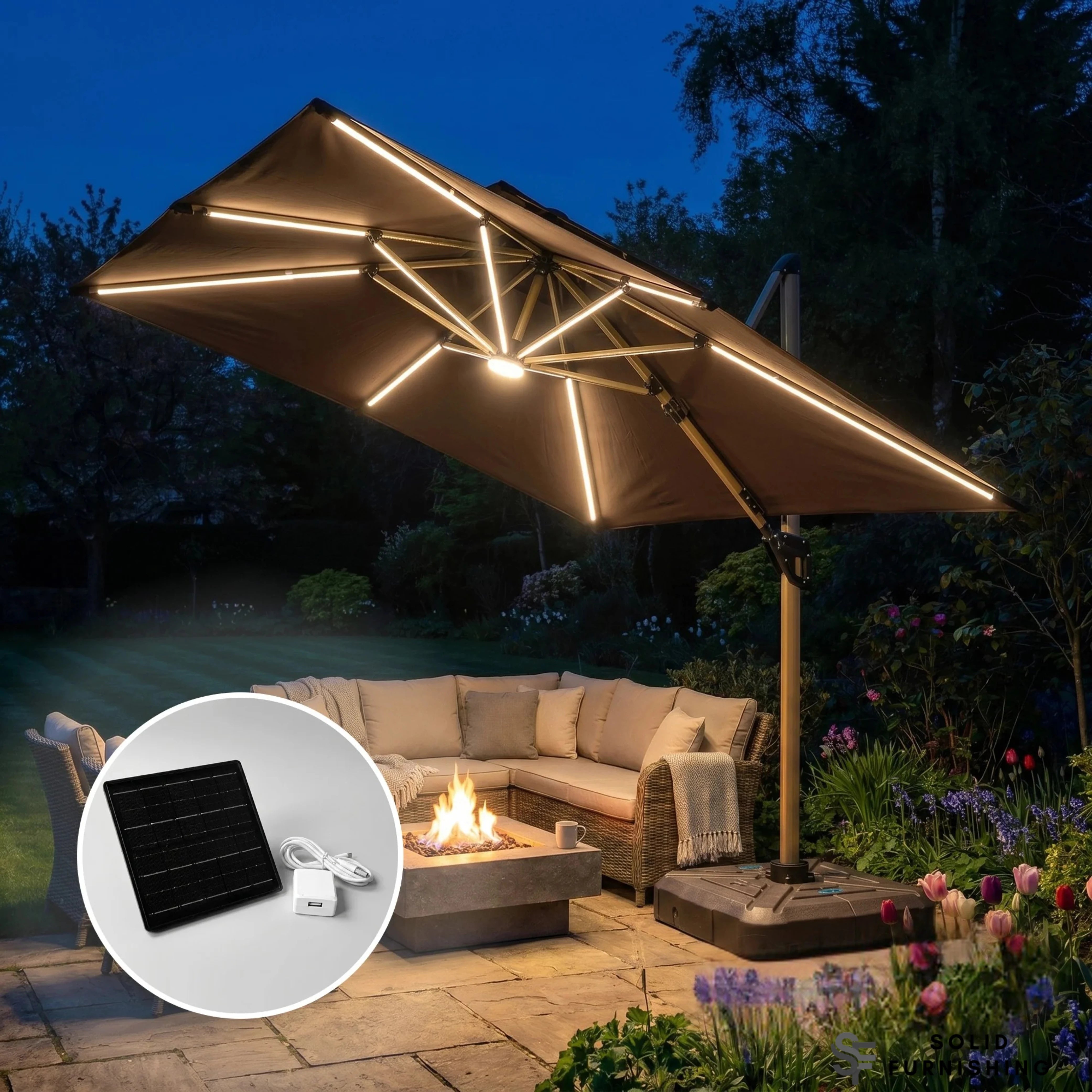 Camber 3m Square Cantilever Parasol with Solar LED Lights – Khaki Beige or Coffee Brown Garden Umbrella