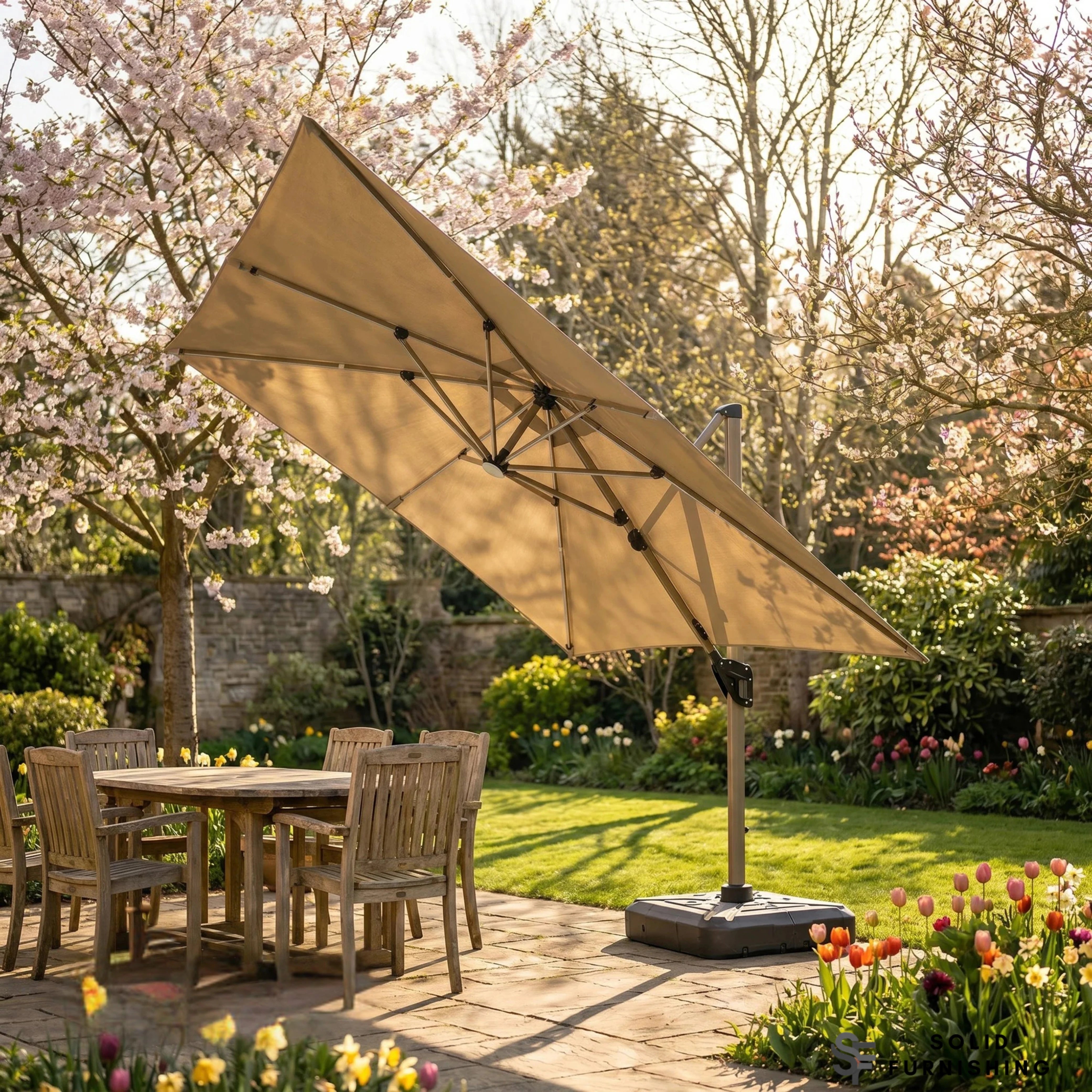 Camber 3m Square Cantilever Parasol with Solar LED Lights – Khaki Beige or Coffee Brown Garden Umbrella