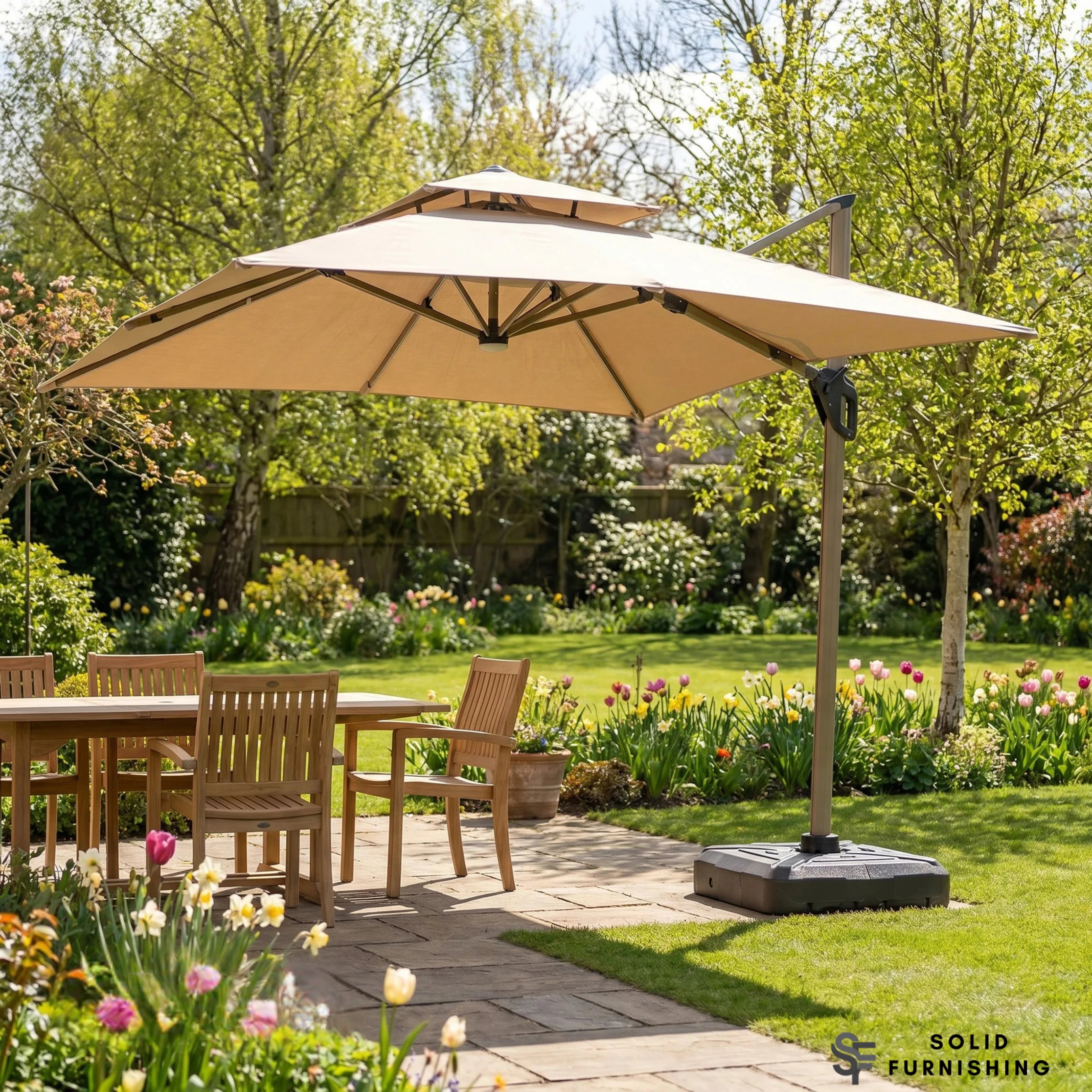 Camber 3m Square Cantilever Parasol with Solar LED Lights – Khaki Beige or Coffee Brown Garden Umbrella