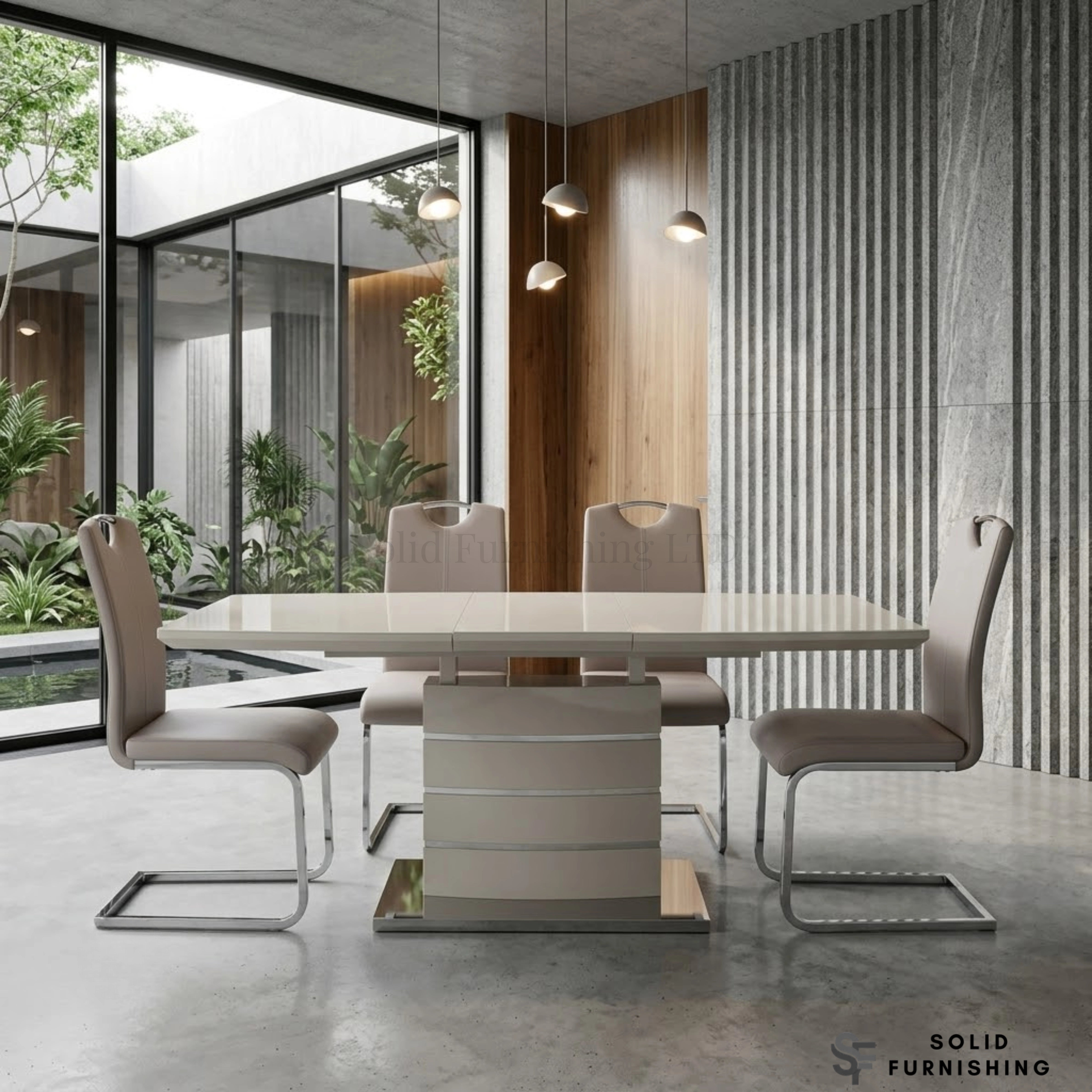 Cappuccino Milan Extendable High Gloss Dining Table Set with Milan Leather Chairs