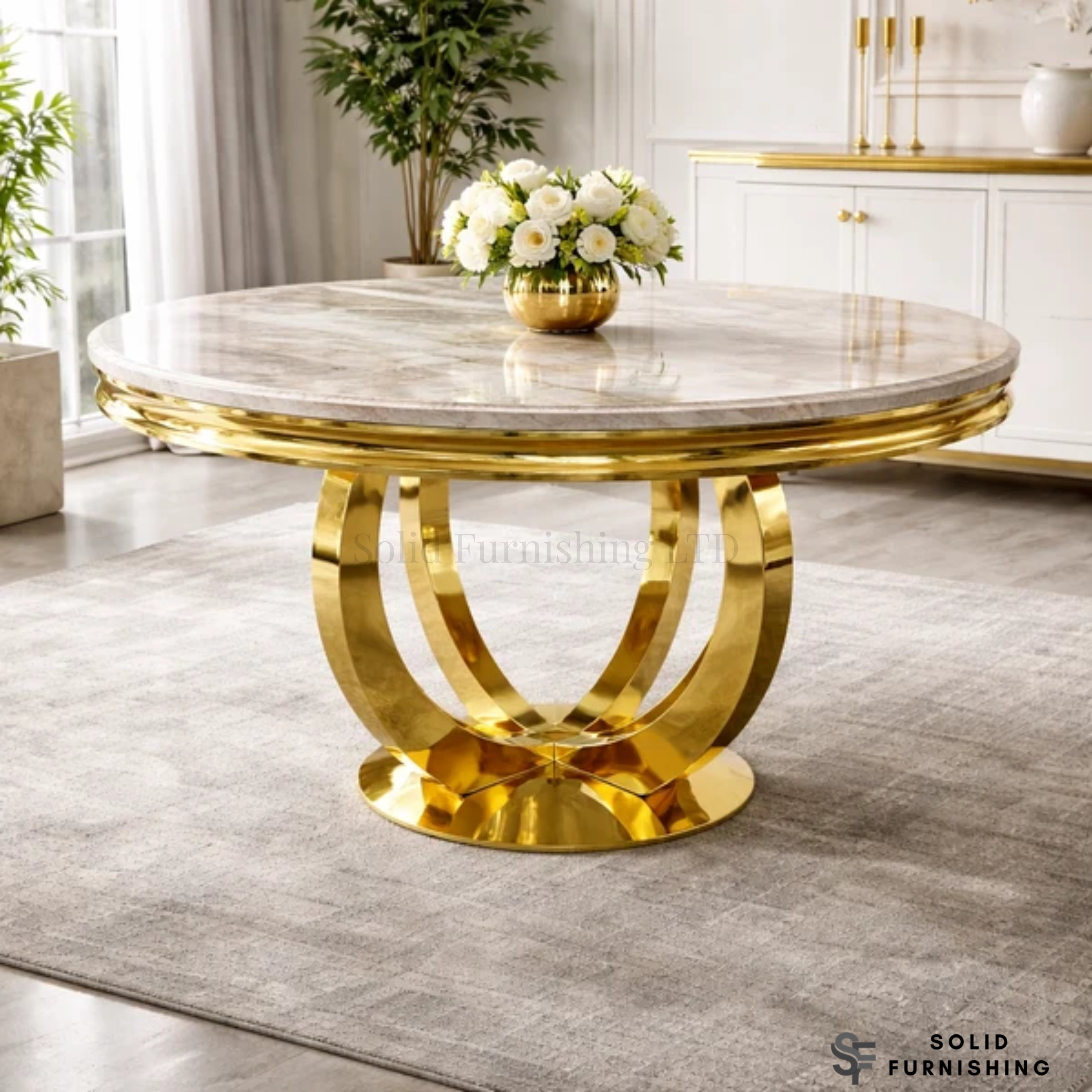 Chelsea 130cm Round Marble Dining Table – Polished Gold Pedestal Base