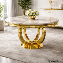 Chelsea 130cm Round Marble Dining Table – Polished Gold Pedestal Base