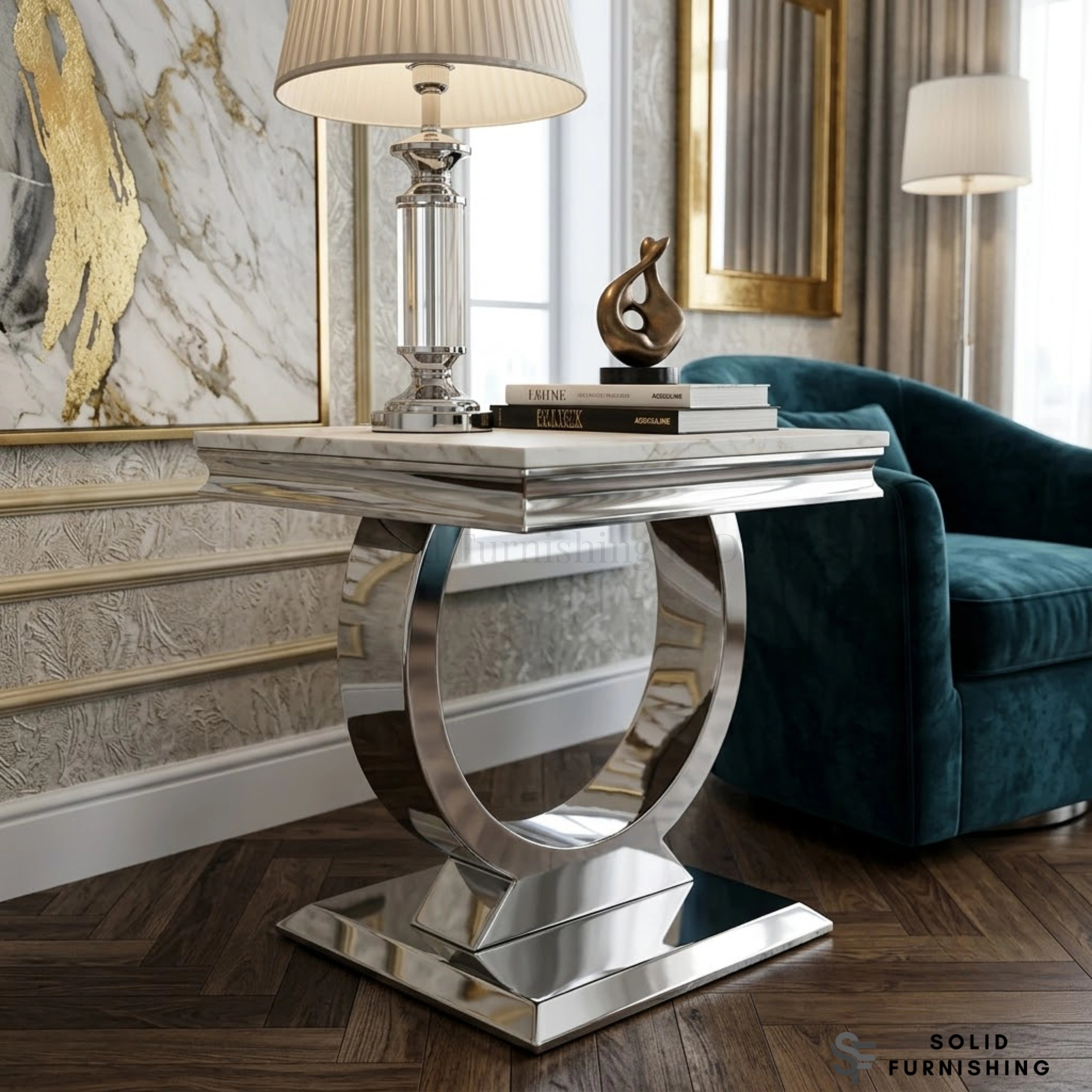 Chelsea Chrome Side Table – Marble & Ceramic Lamp Table