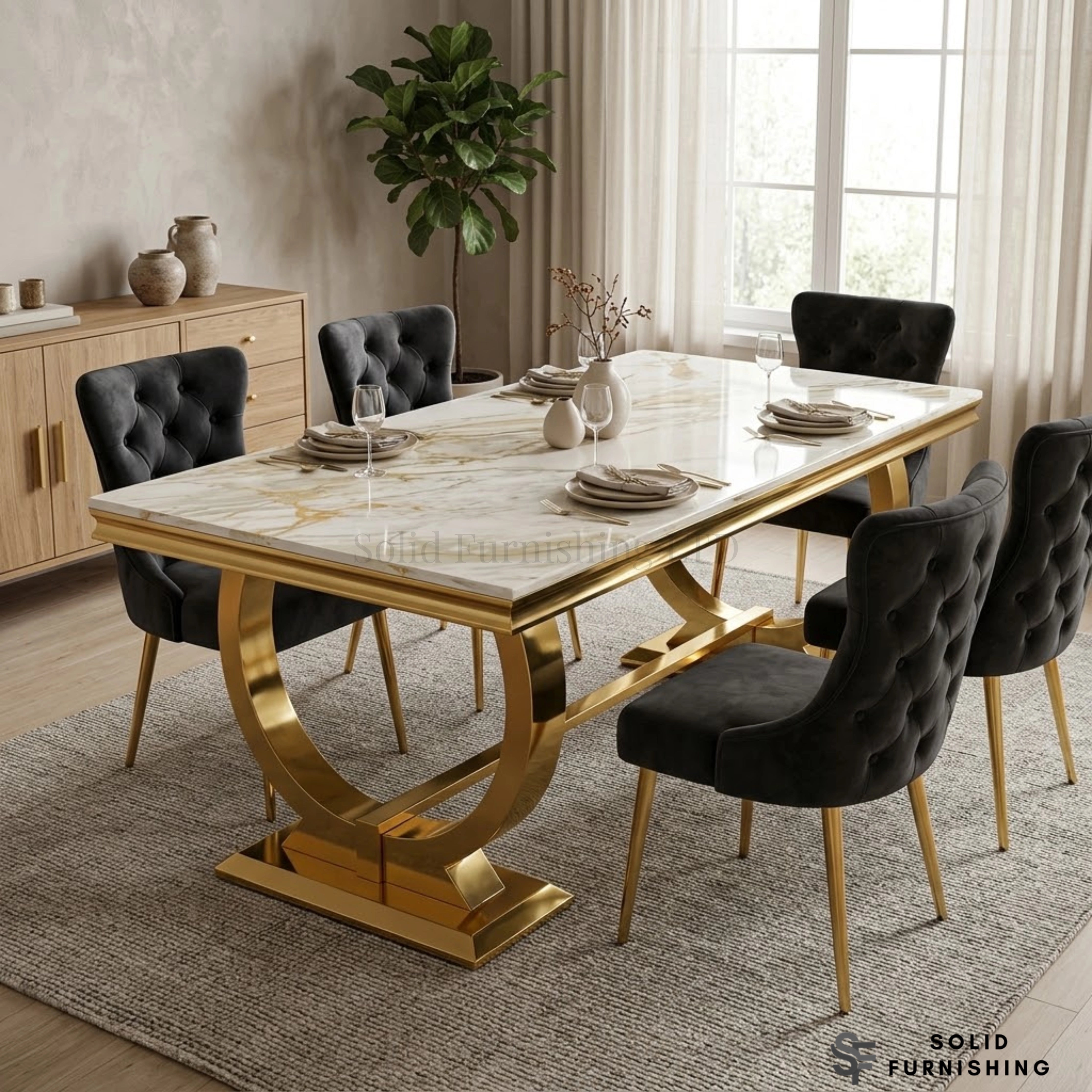 Chelsea Dining Table – Marble & Ceramic Tabletop | Polished Gold Circular Base