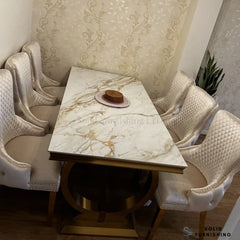 Chelsea Dining Table – Marble & Ceramic Tabletop | Polished Gold Circular Base