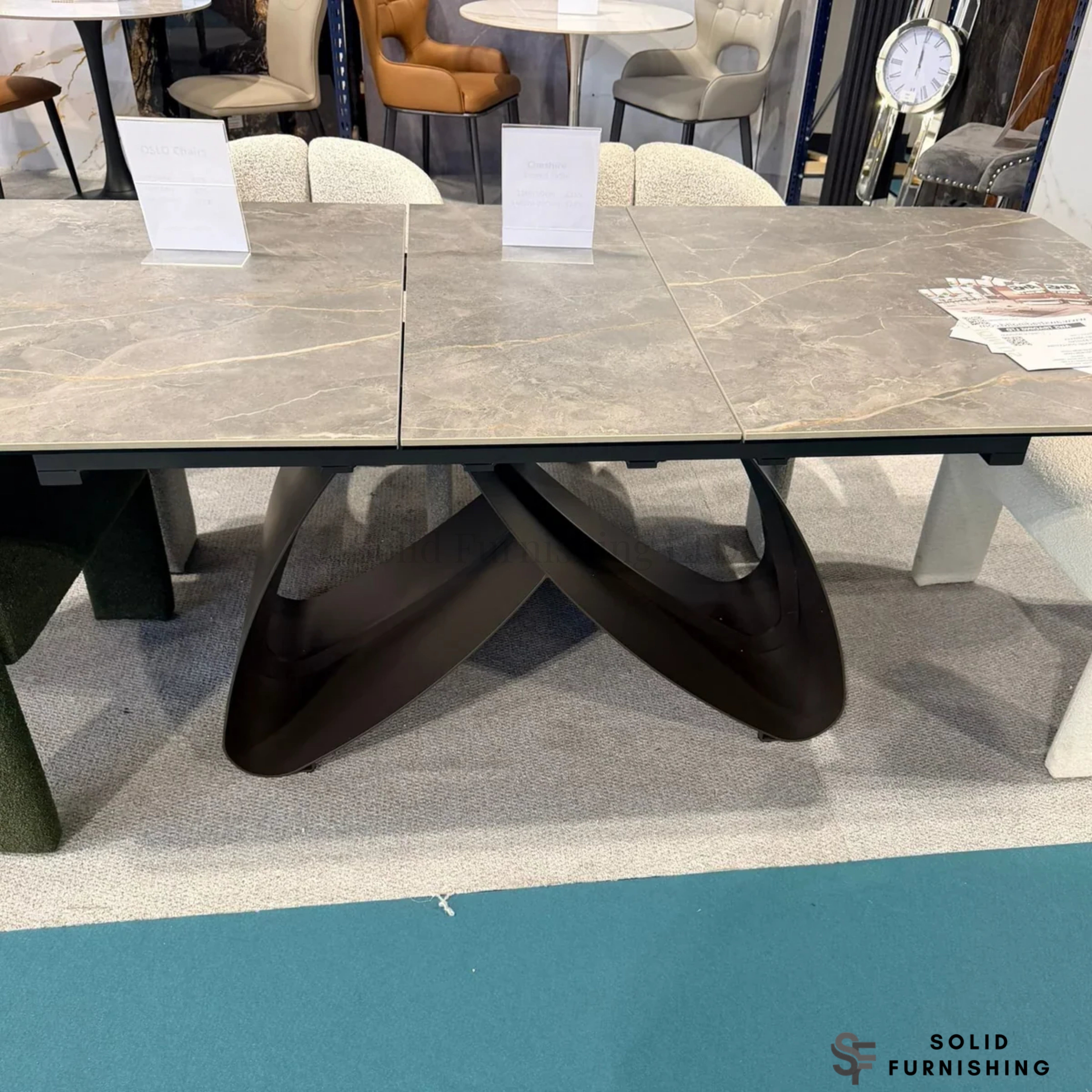 Cheshire Extendable Ceramic Dining Table – Matte Armani Top & Sculptural Metal Base