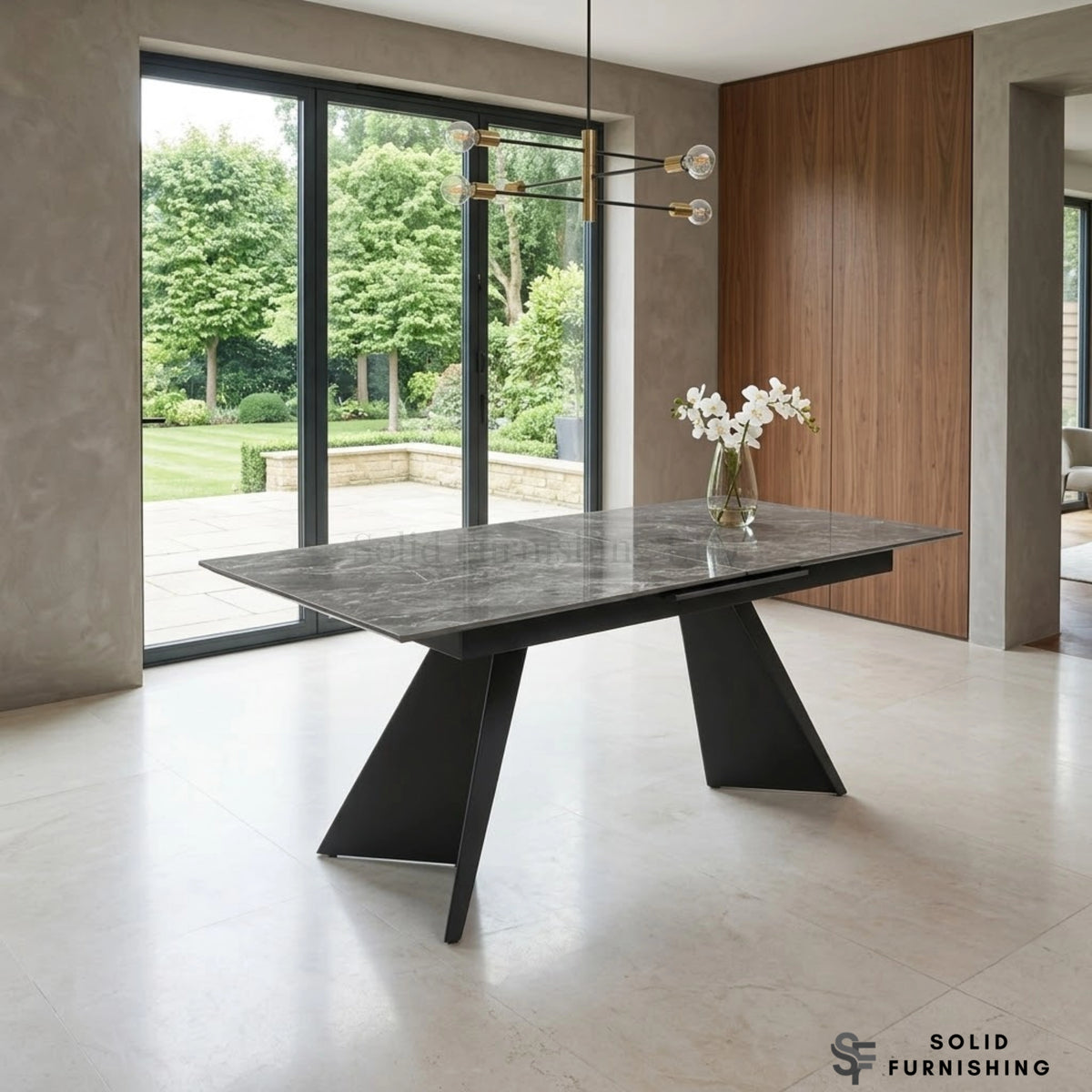 Chicago Black & Gold Extendable Ceramic Dining Table – Luxury 160–260cm Marble Effect Dining Table