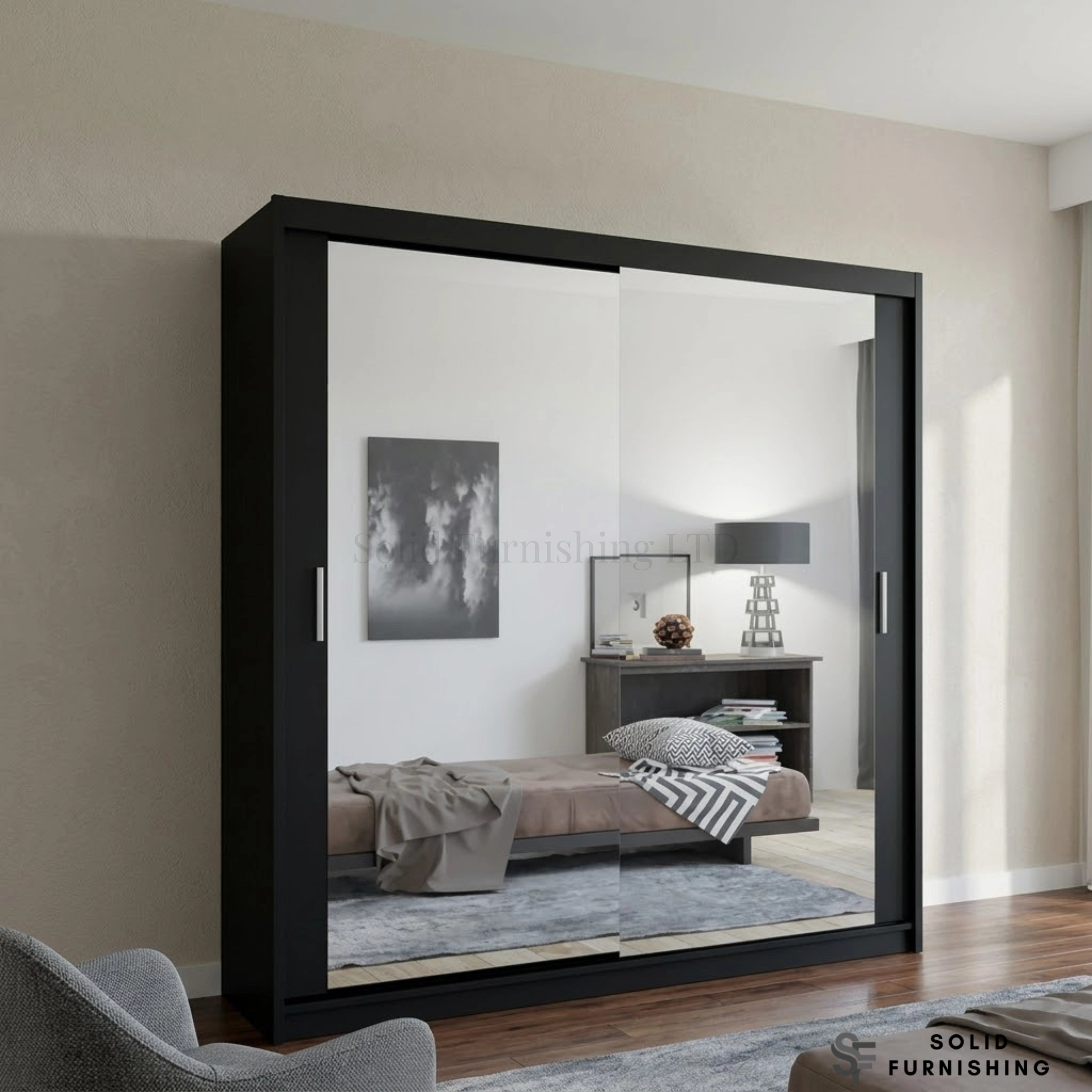 Chicago Black Mirrored Sliding Wardrobe – Modern Bedroom Storage Wardrobe