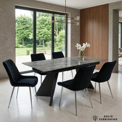 Chicago Grey Extendable Ceramic Dining Table with Mortiz Black Chairs – Modern Dining Set