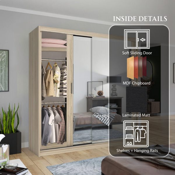 Chicago Oak Mirrored Sliding Wardrobe – Space Saving Bedroom Storage Wardrobe