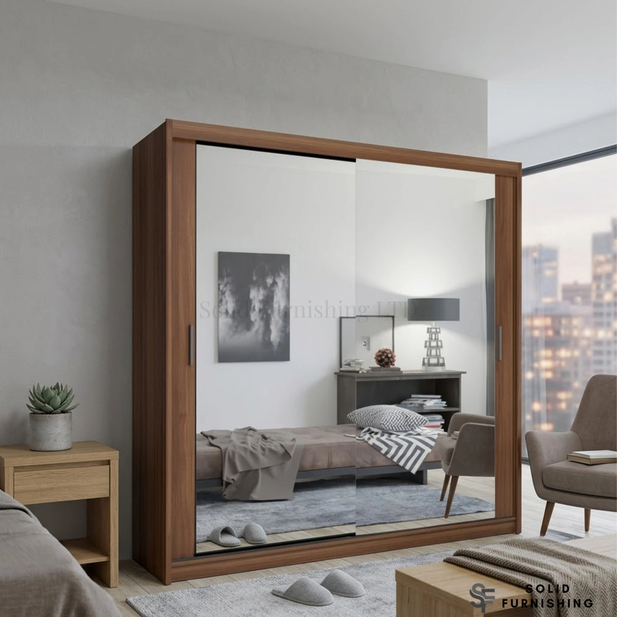 Chicago Walnut Mirrored Sliding Wardrobe – Space Saving Bedroom Storage Wardrobe