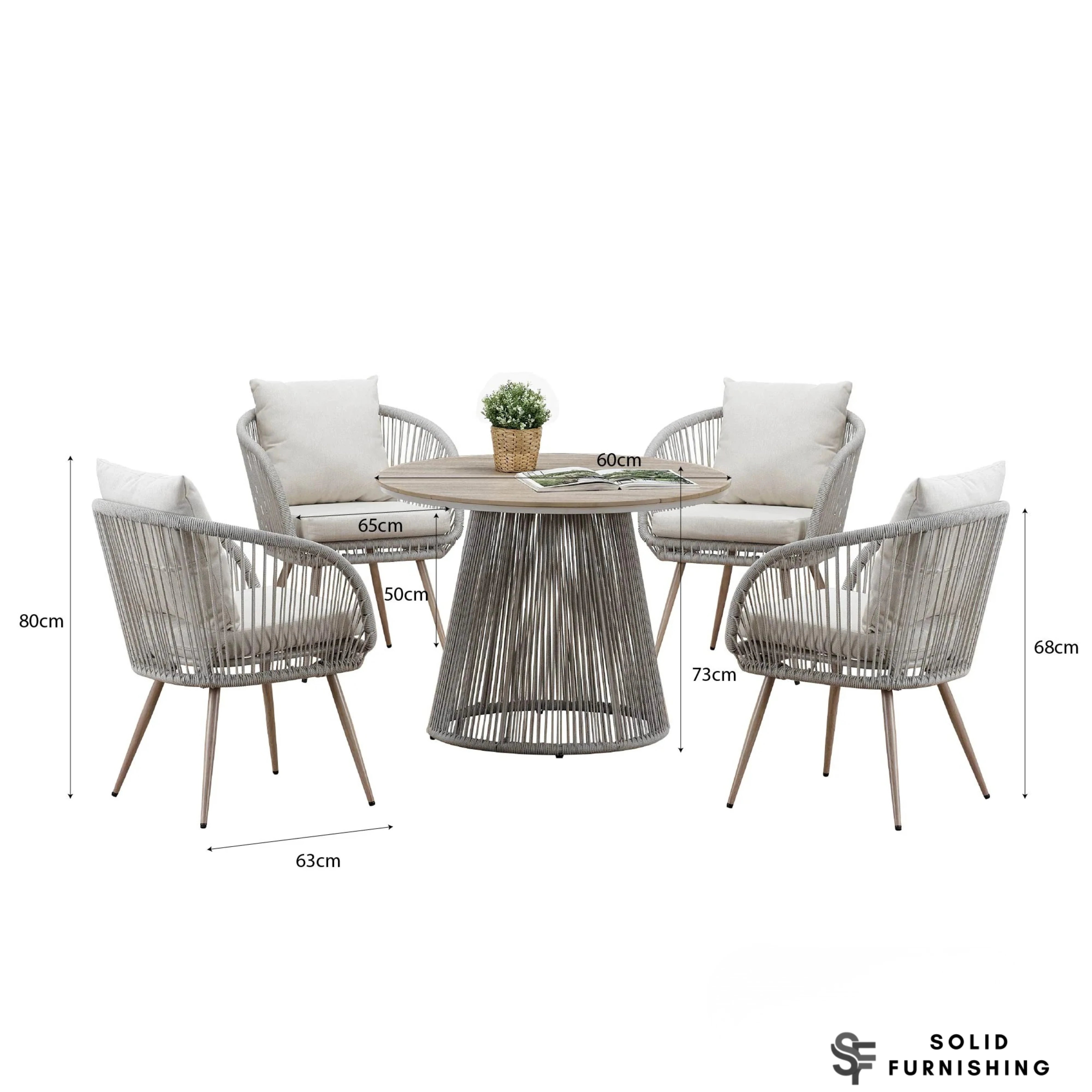 Cove 4 Seater Outdoor Garden Dining Set – Natural Grey Rope Weave with Round Dining Table