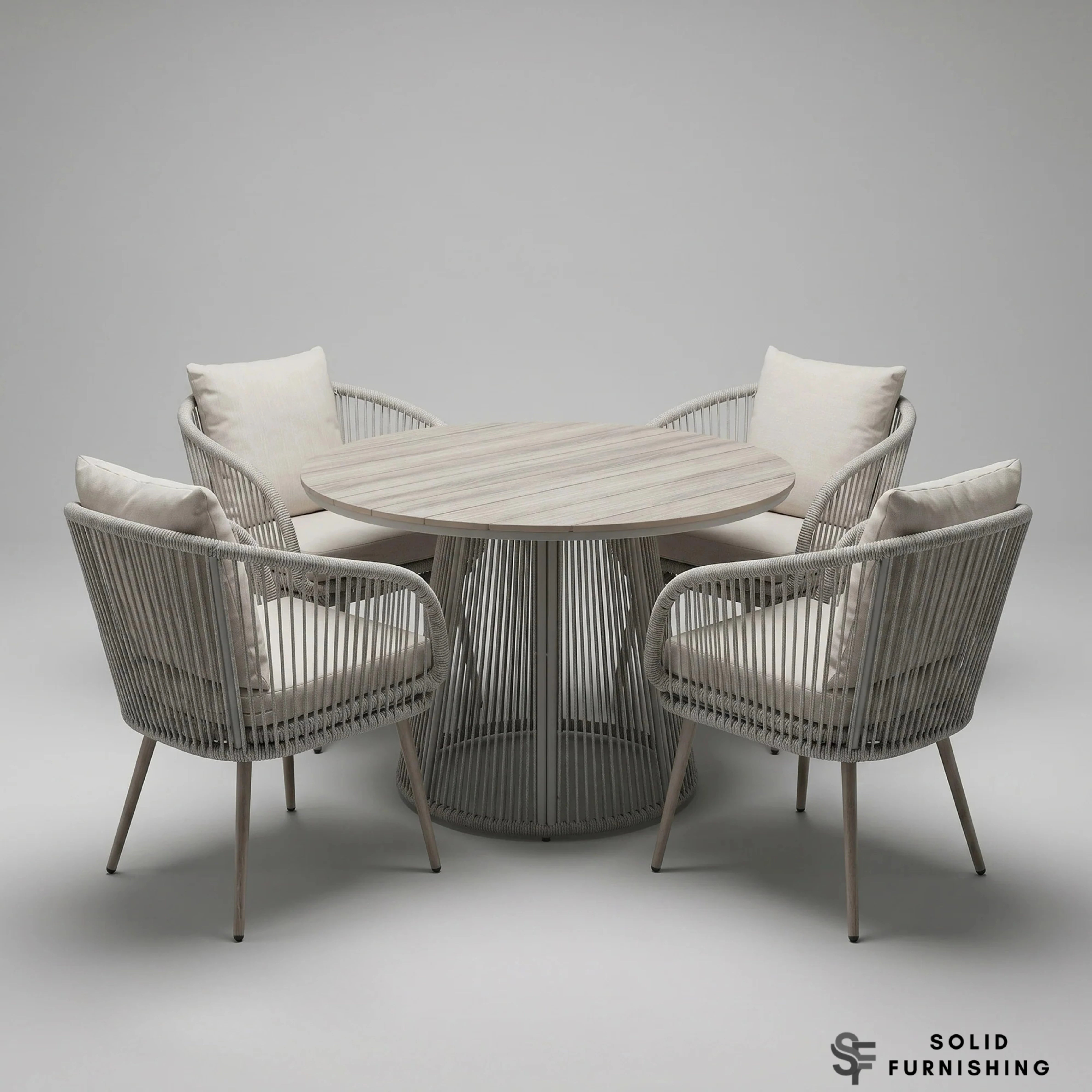 Cove 4 Seater Outdoor Garden Dining Set – Natural Grey Rope Weave with Round Dining Table