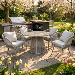 Cove 4 Seater Outdoor Garden Dining Set – Natural Grey Rope Weave with Round Dining Table
