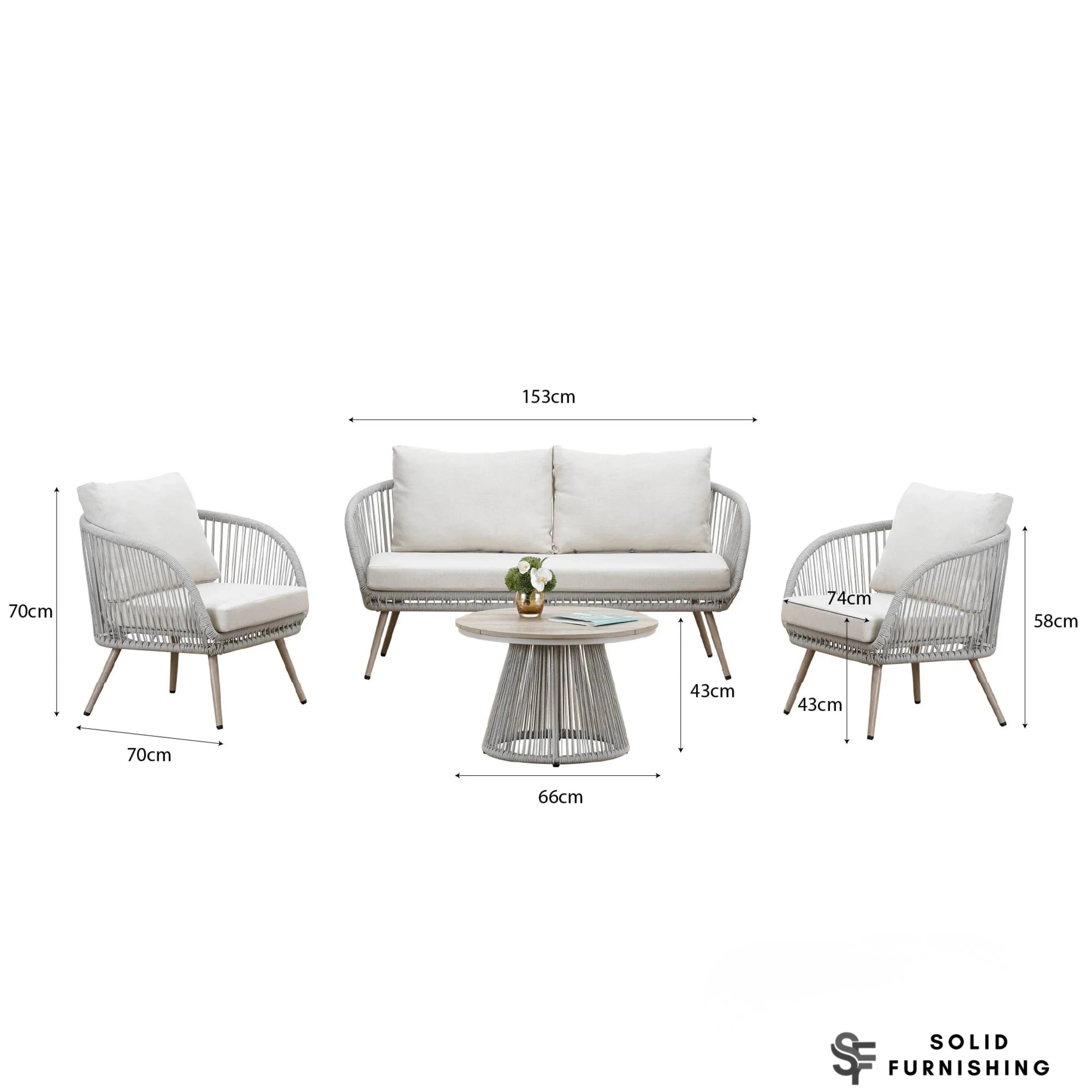 Cove 4 Seater Outdoor Garden Lounge Set – Natural Grey Rope Weave with Round Coffee Table