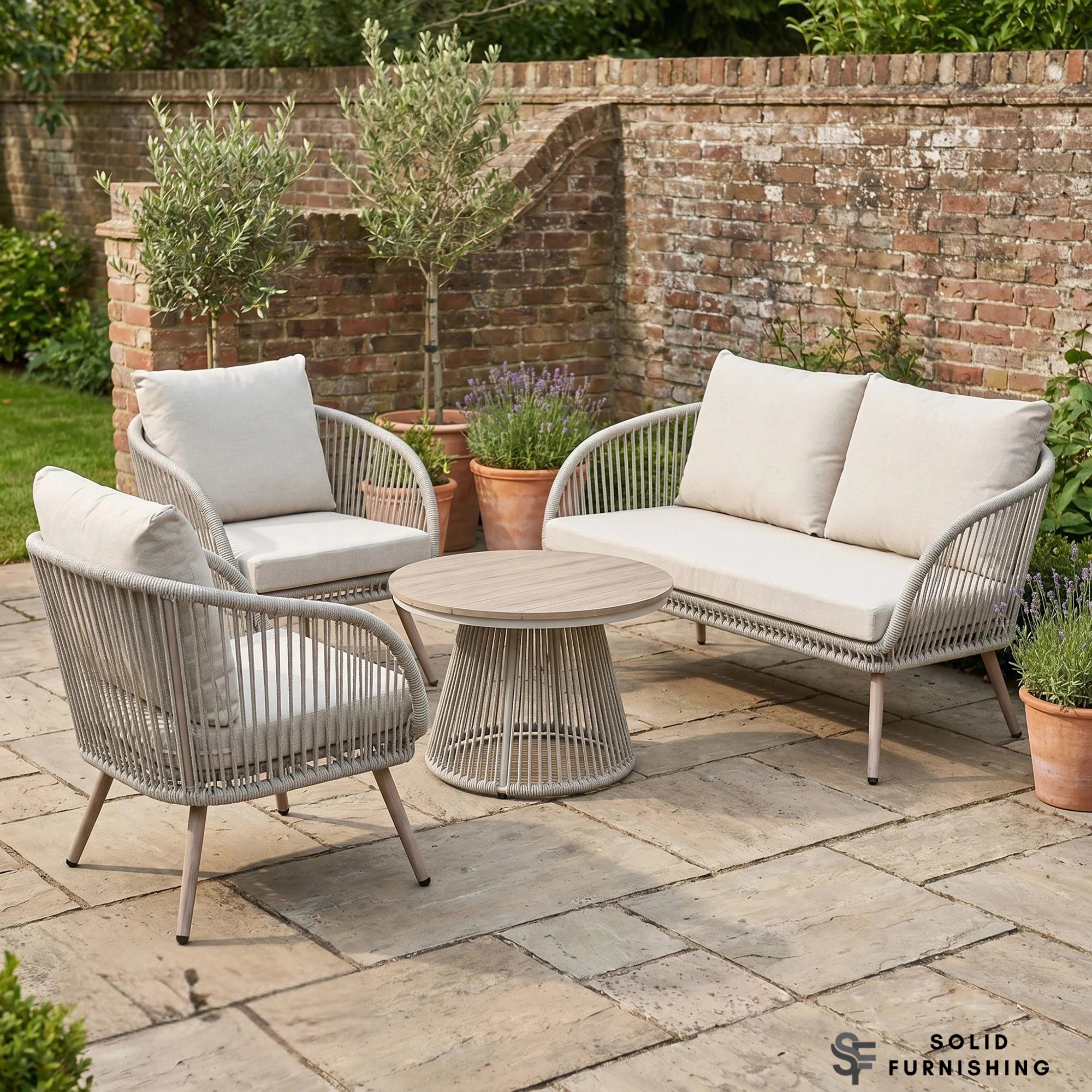 Cove 4 Seater Outdoor Garden Lounge Set – Natural Grey Rope Weave with Round Coffee Table