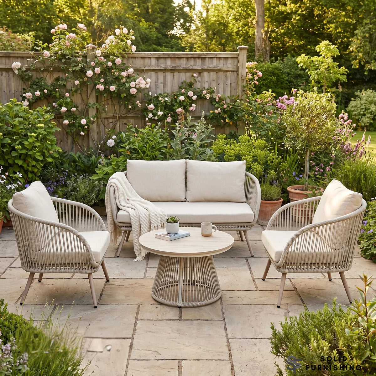 Cove 4 Seater Outdoor Garden Lounge Set – Natural Grey Rope Weave with Round Coffee Table