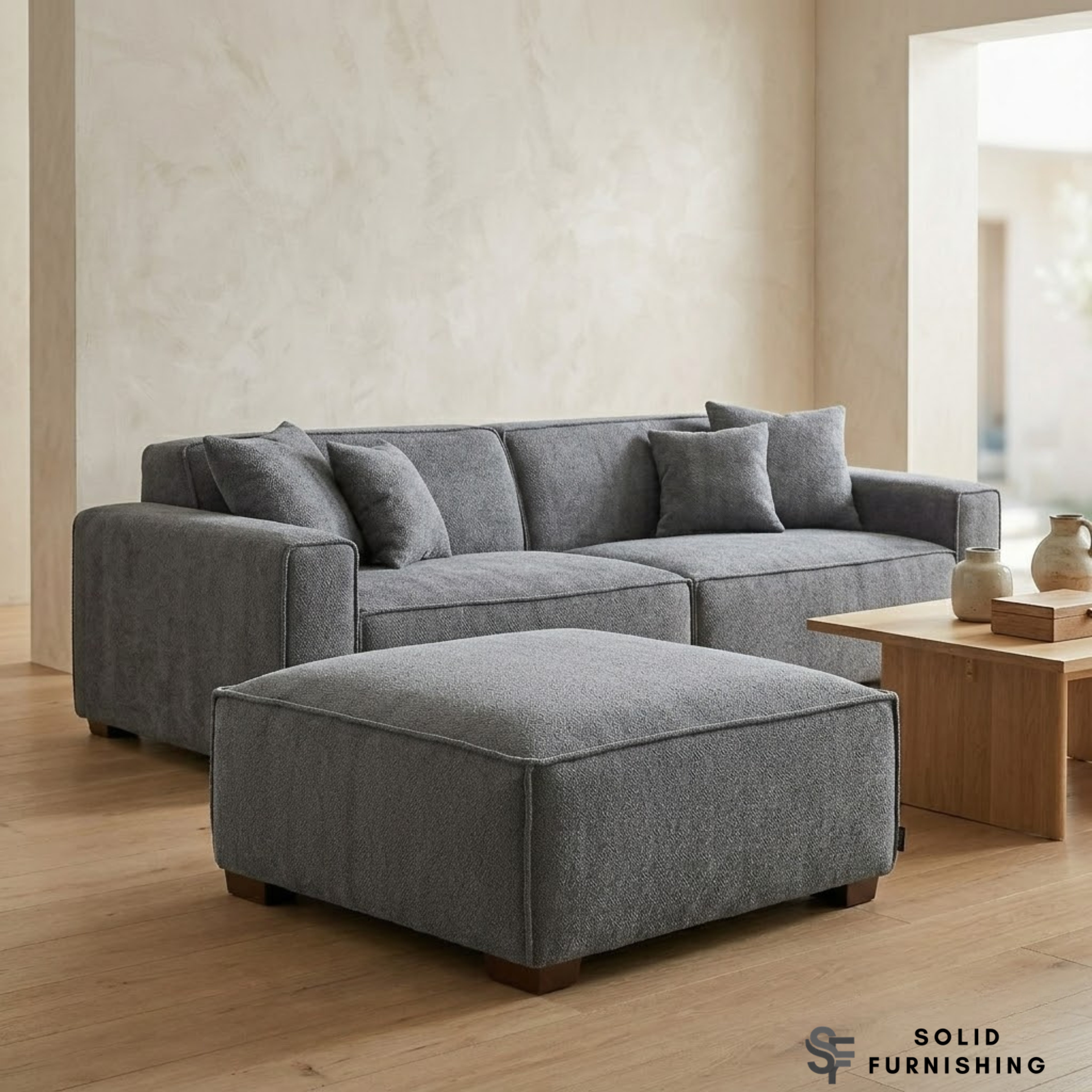 Dakota Sofa Range – Charcoal Grey Bouclé | 4 Seater, 3 Seater, Armchair & Stool