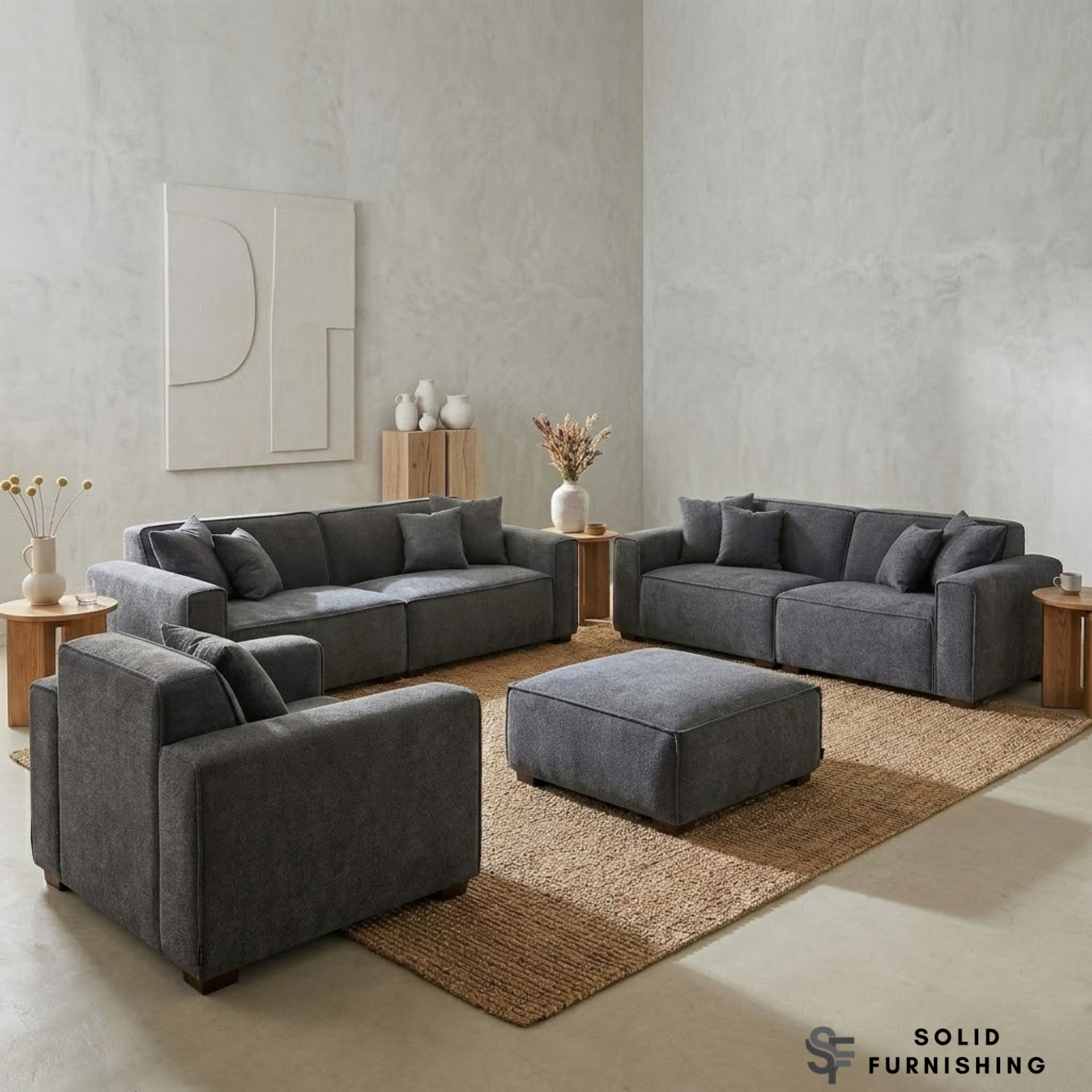 Dakota Sofa Range – Charcoal Grey Bouclé | 4 Seater, 3 Seater, Armchair & Stool