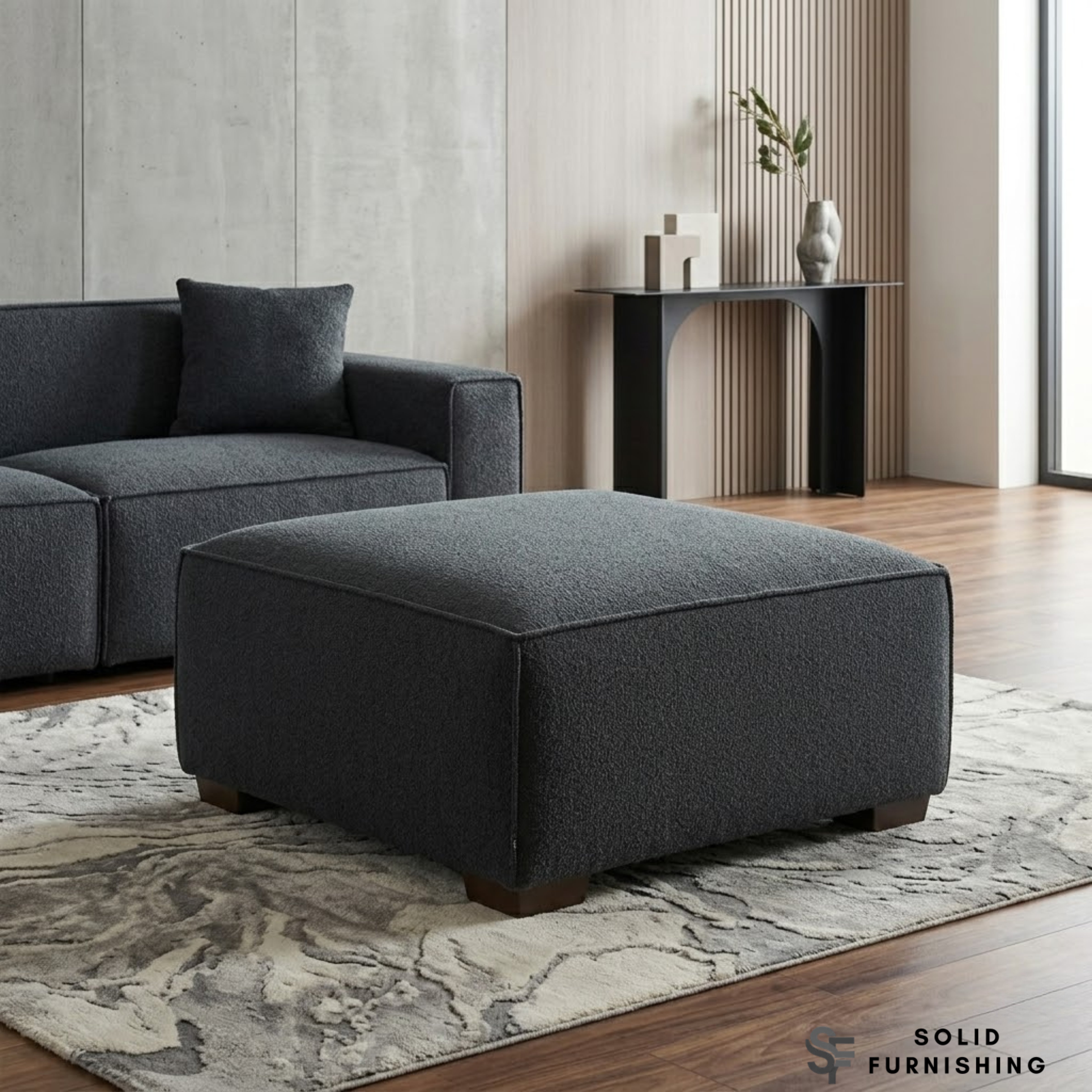 Dakota Sofa Range – Midnight Black Bouclé Fabric | 4 Seater, 3 Seater, Armchair & Stool