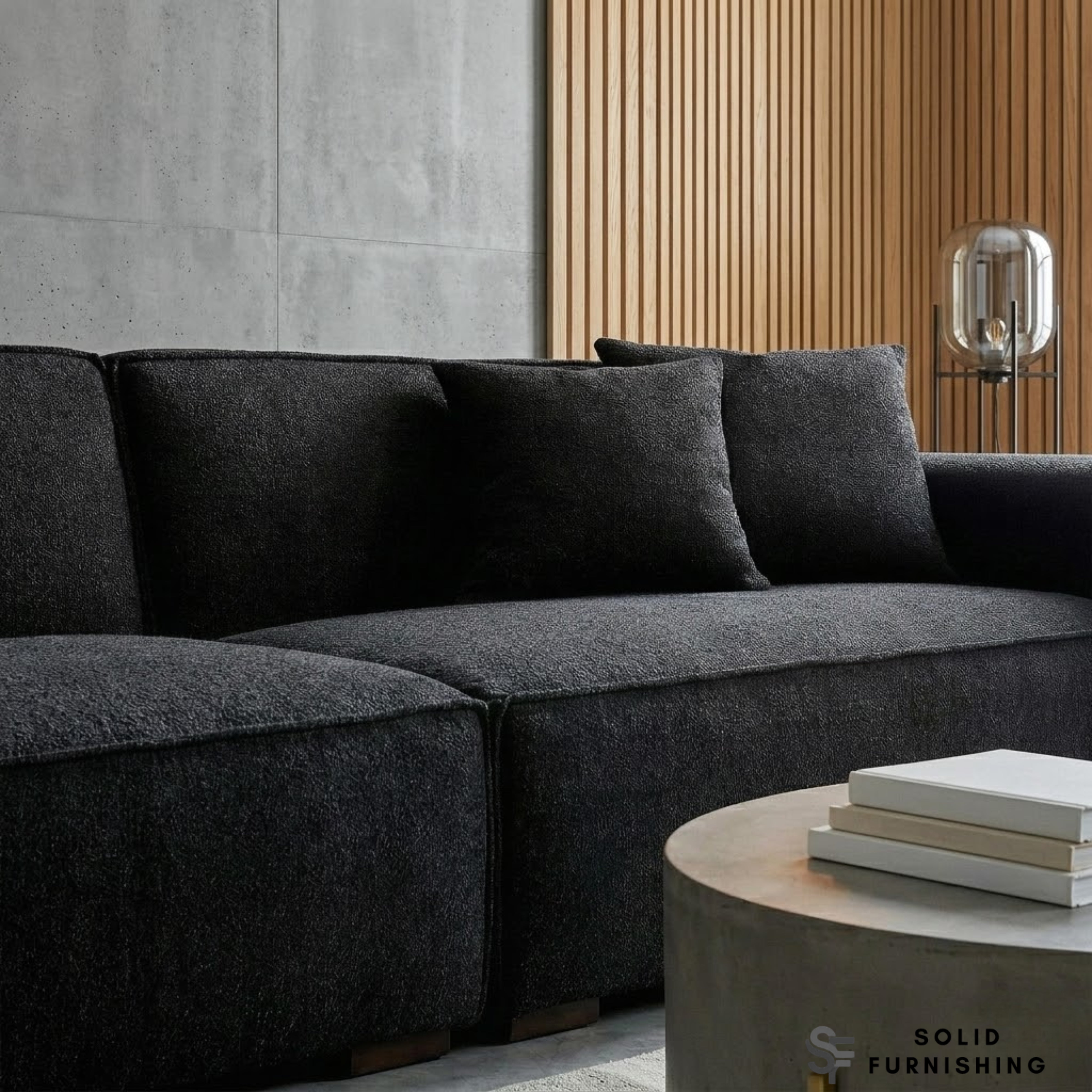 Dakota Sofa Range – Midnight Black Bouclé Fabric | 4 Seater, 3 Seater, Armchair & Stool