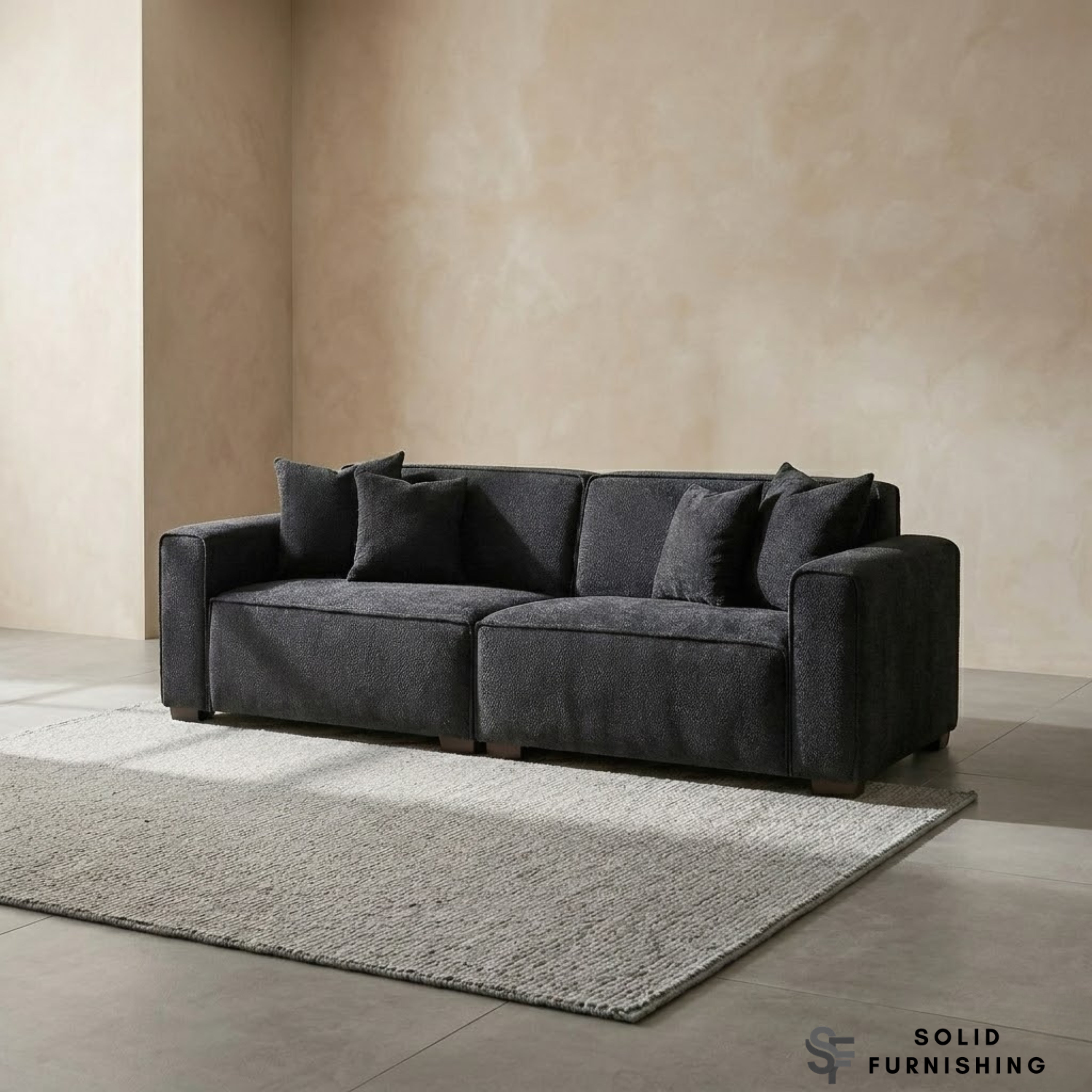Dakota Sofa Range – Midnight Black Bouclé Fabric | 4 Seater, 3 Seater, Armchair & Stool